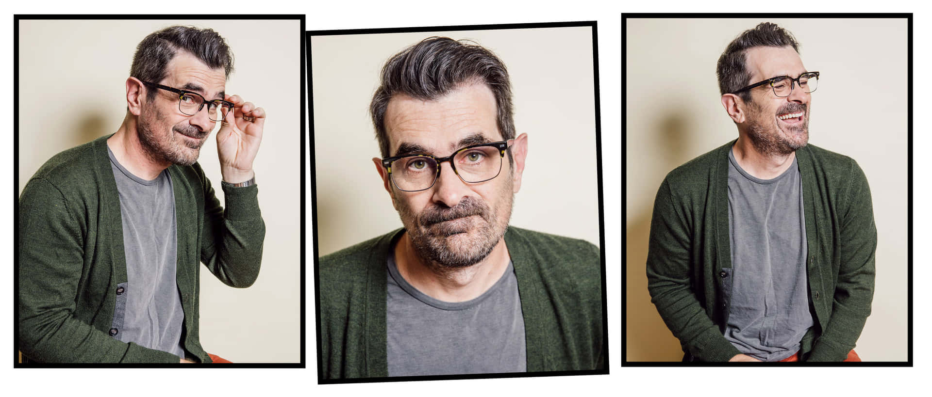 Ty Burrell 桌布 壁紙 — 一位戴眼鏡留鬍鬚嘅男士，喺純米色背景前擺出三個充滿表情嘅姿勢。
