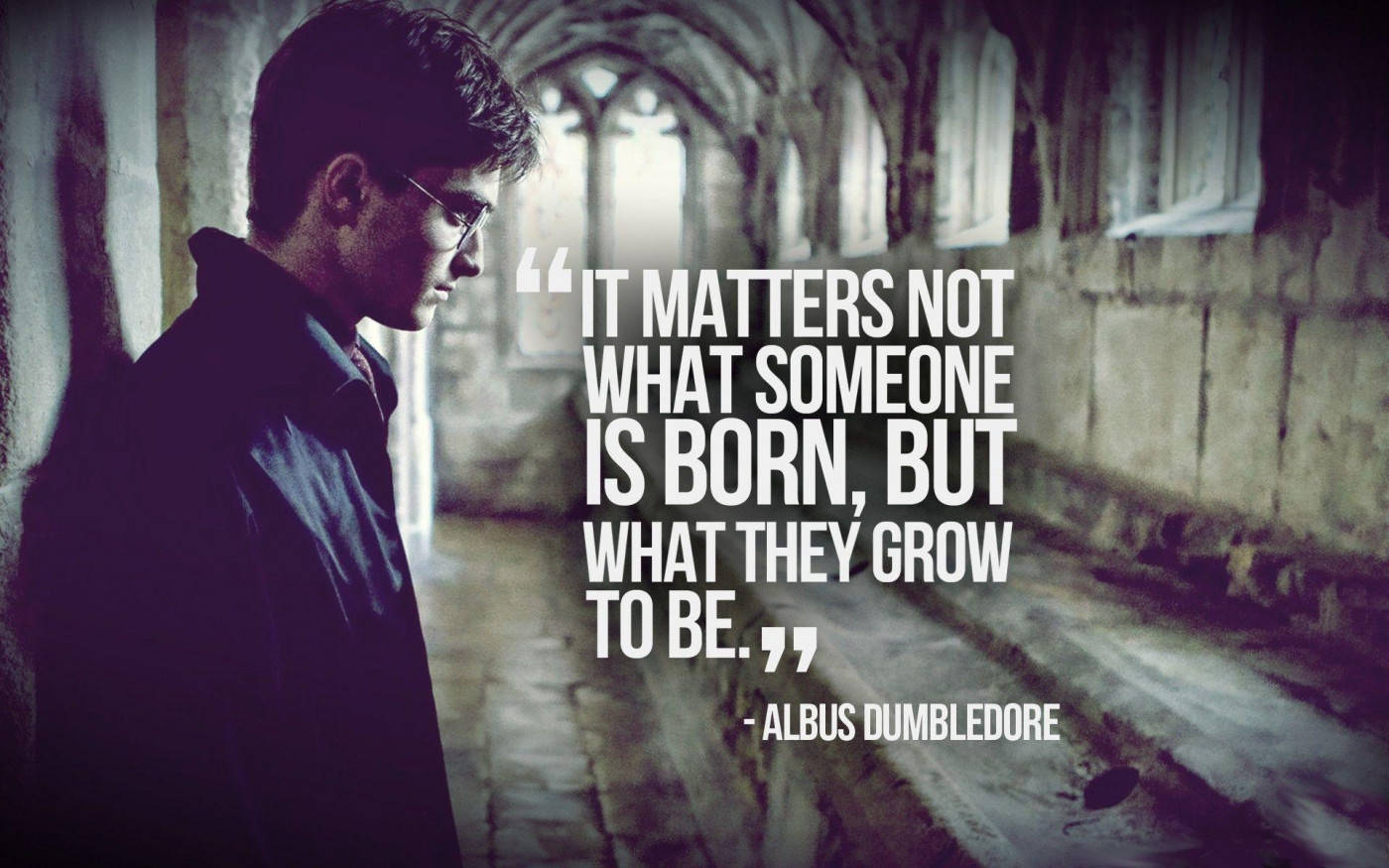 Harry Potter Quotes 桌布 壁紙 — 一位戴眼鏡的年輕男子站在昏暗的石頭走廊中，阿不思·鄧不利多的名言以粗體白色文字出現。