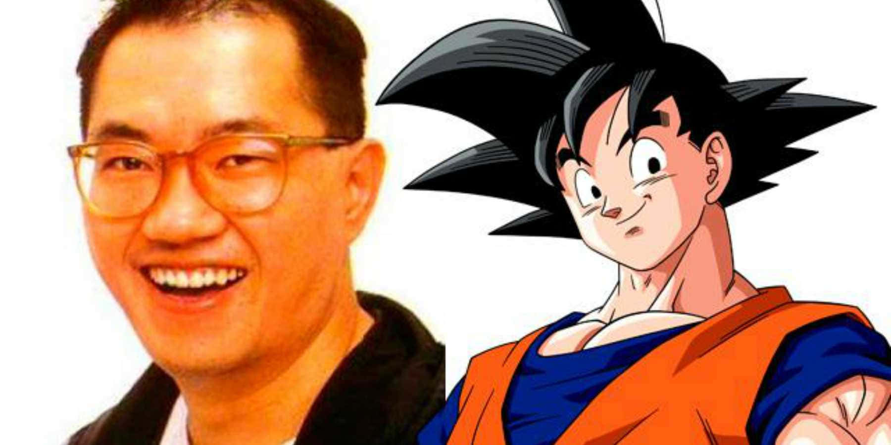 Akira Toriyama 桌布 壁紙 — 一位戴眼鏡的微笑男士站在動畫角色悟空旁邊，悟空身穿標誌性的橙色和藍色服裝。
