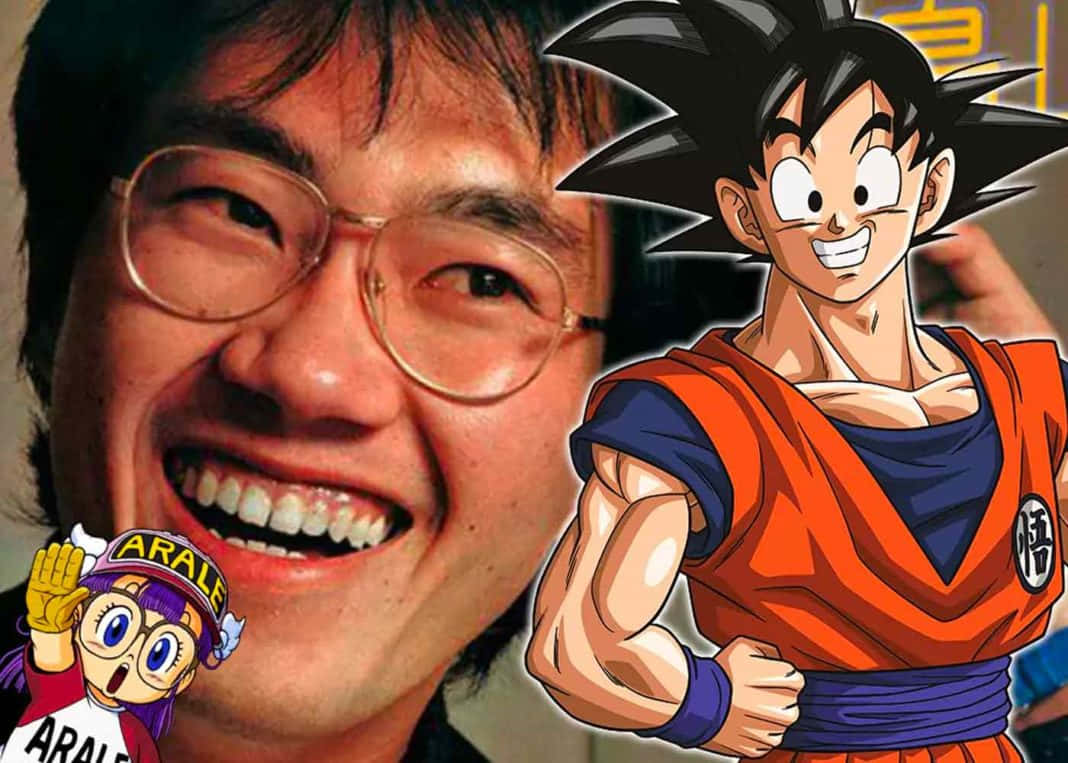 Akira Toriyama 桌布 壁紙 — 一位戴眼鏡的快樂男子在《龍珠》和《IQ博士》的動畫角色悟空與則卷小雲旁邊微笑。