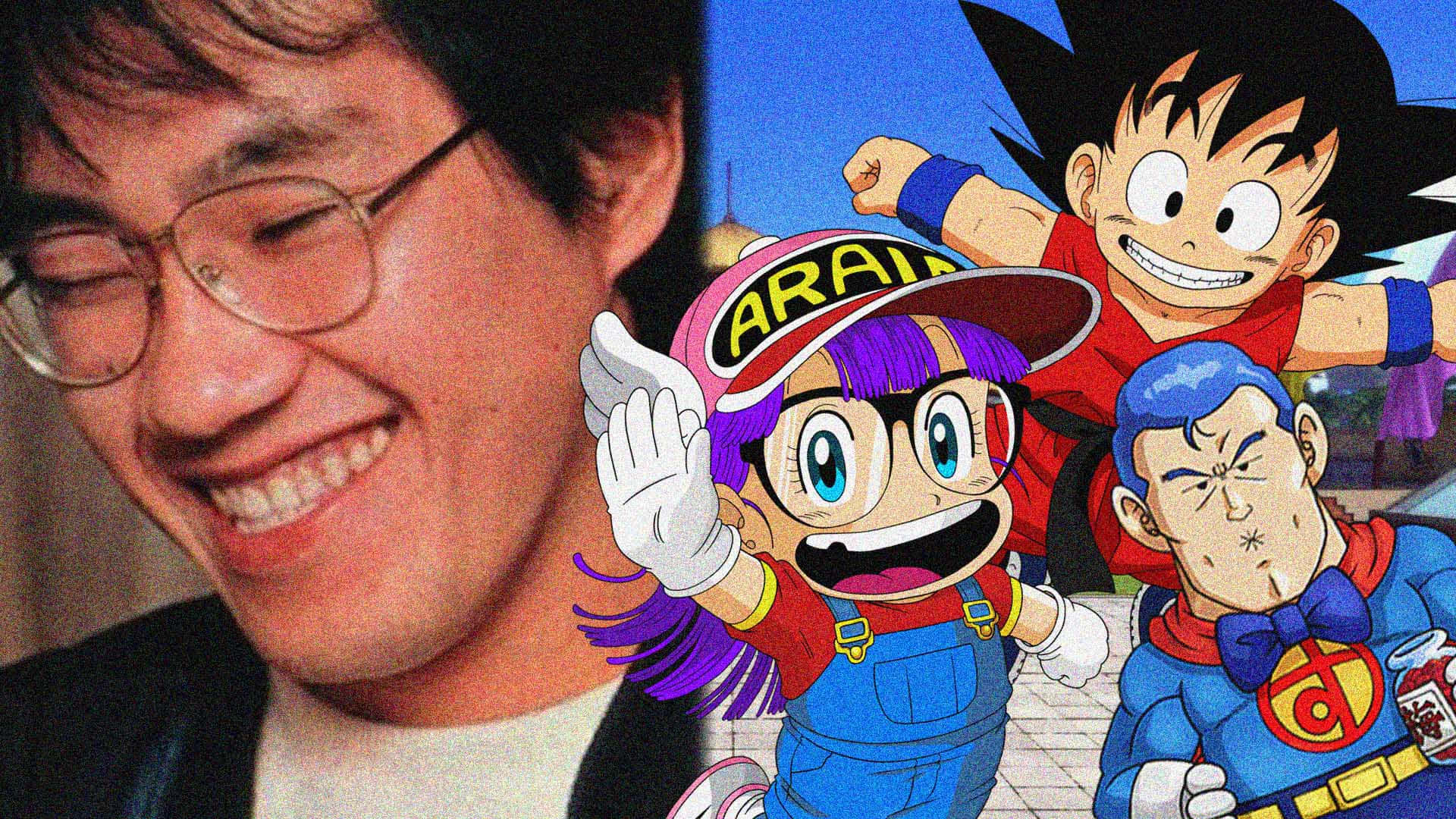 Akira Toriyama 桌布 壁紙 — 一位戴眼鏡的快樂男子在充滿活力的動漫角色（包括悟空和紫色頭髮的吉祥物）旁邊微笑。
