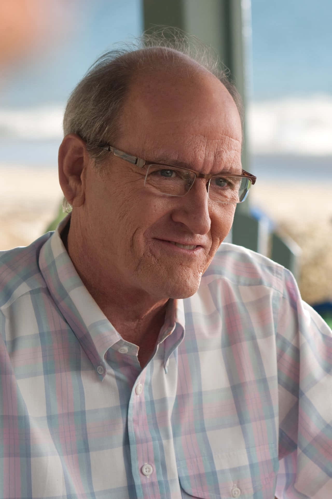 Richard Jenkins 桌布 壁紙 — 一位戴眼鏡的長者穿著粉彩格仔恤衫，在明亮的戶外背景下溫暖地微笑。