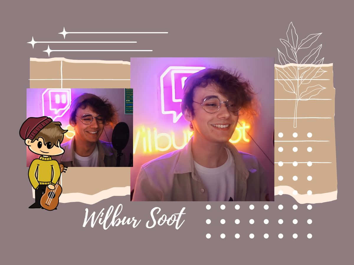Wilbur Soot 桌布 壁紙 — 一位戴眼鏡的開朗年輕男子在發光的霓虹燈牌前微笑，而他的卡通版本正在旁邊彈奏烏克麗麗。