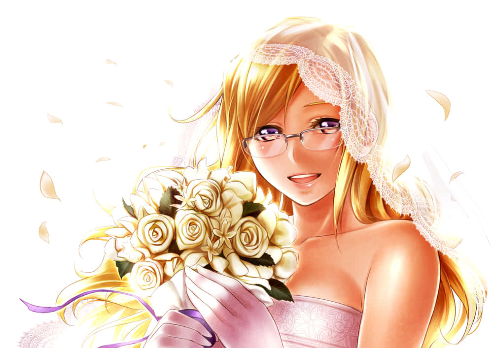 Moeka Kiryu 桌布 壁紙 — 一位戴着眼鏡和蕾絲頭紗的開朗動漫新娘，手持一束白玫瑰，花瓣在她周圍飄浮。
