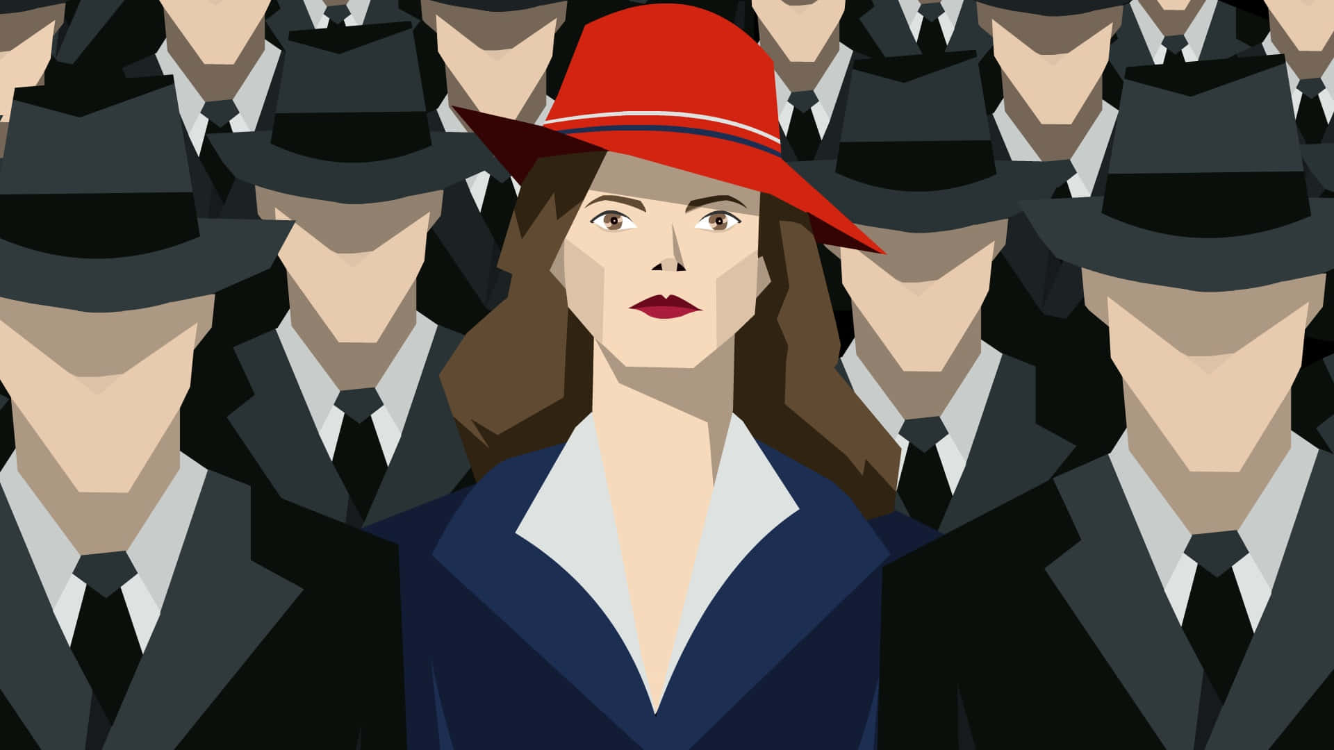 Peggy Carter 桌布 壁紙 — 一位戴紅帽的女性在一群穿著黑色西裝和軟呢帽的相同男性中脫穎而出。