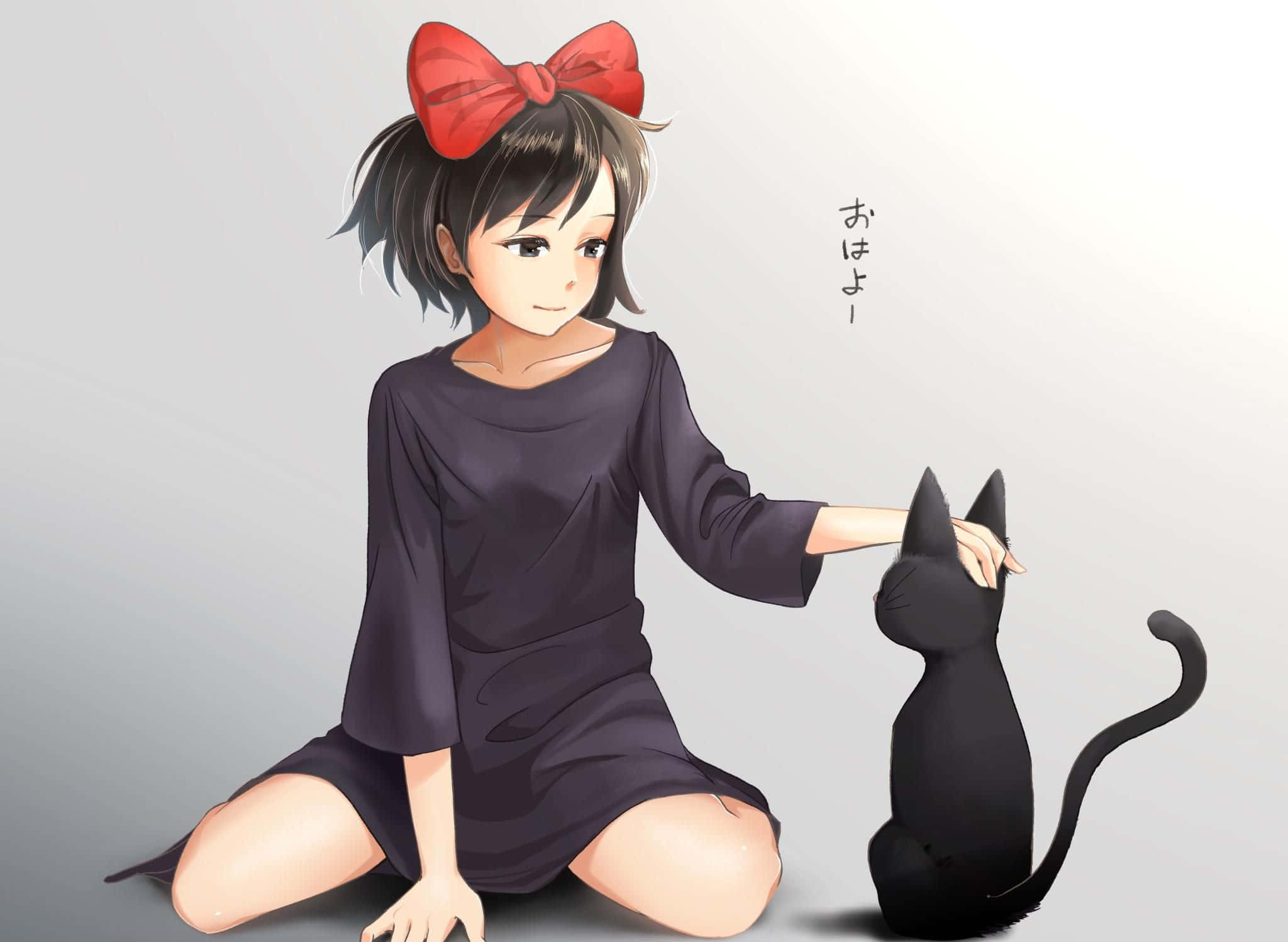 Jiji Cat 桌布 壁紙 — 一位戴紅色蝴蝶結的年輕動漫女孩在柔和的灰色背景上輕輕撫摸一隻黑貓。