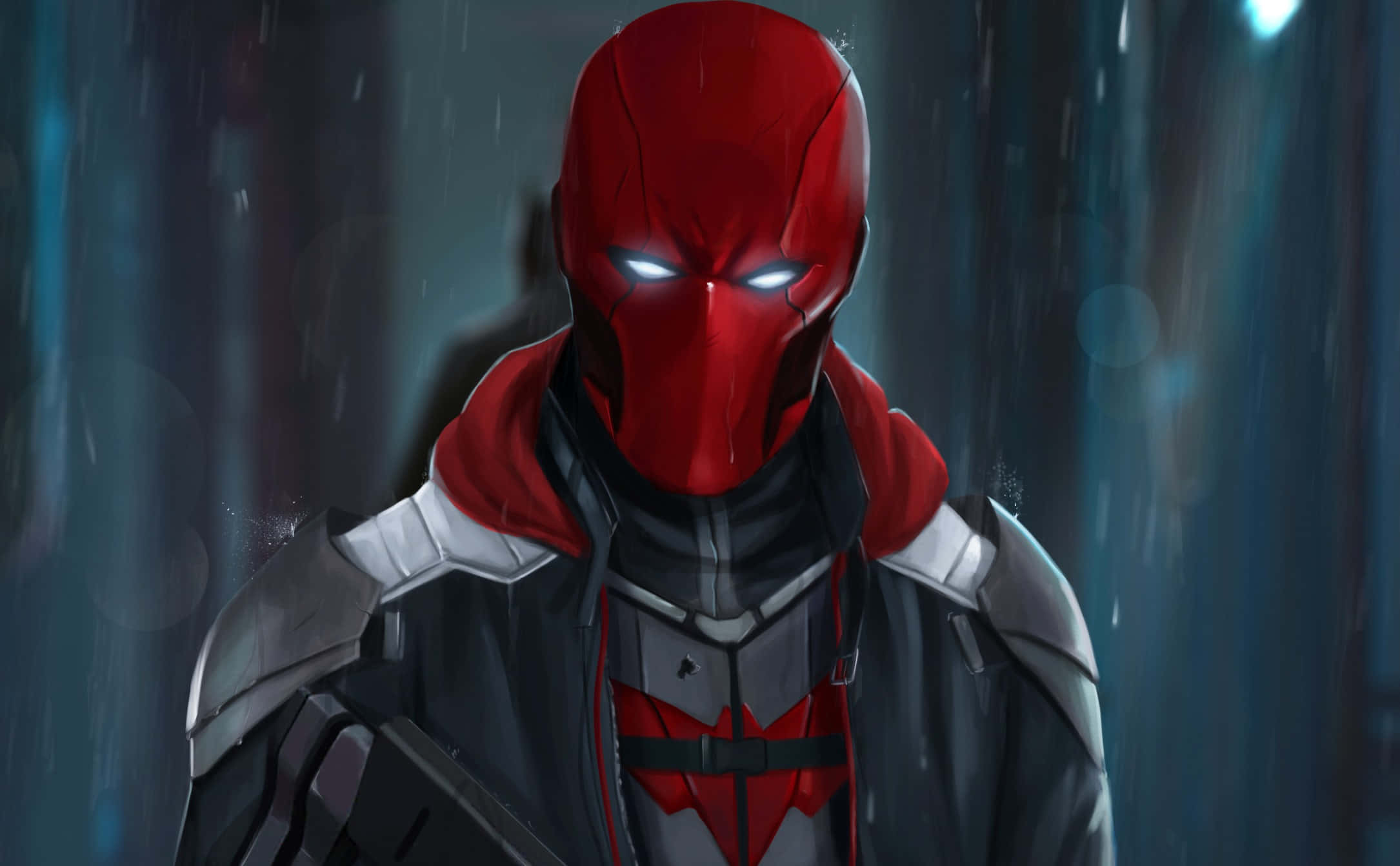 Red Hood 桌布 壁紙 — 一位戴紅色面具、眼睛發光的超級英雄站在雨中的城市小巷，被霓虹燈照亮。