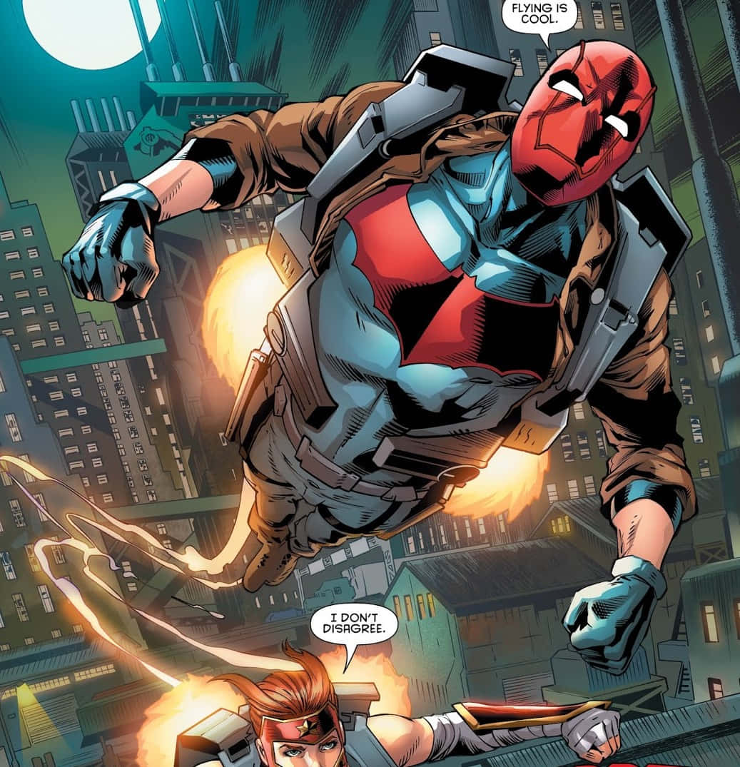 Red Hood 桌布 壁紙 — 一位戴紅色面具的超級英雄在夜間城市上空翱翔，身後噴射背包的火焰拖曳而出。