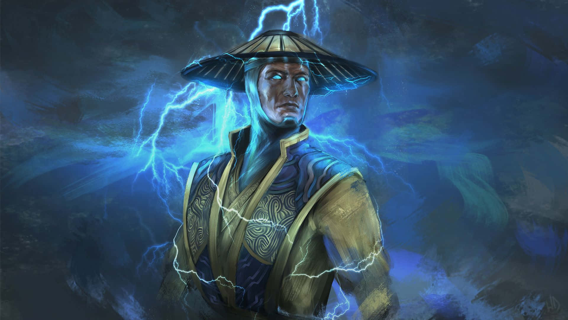 Mortal Kombat Raiden 桌布 壁紙 — 一位戴草帽的戰士在暴風雨的黑暗背景下，將藍色閃電引導到身體周圍。