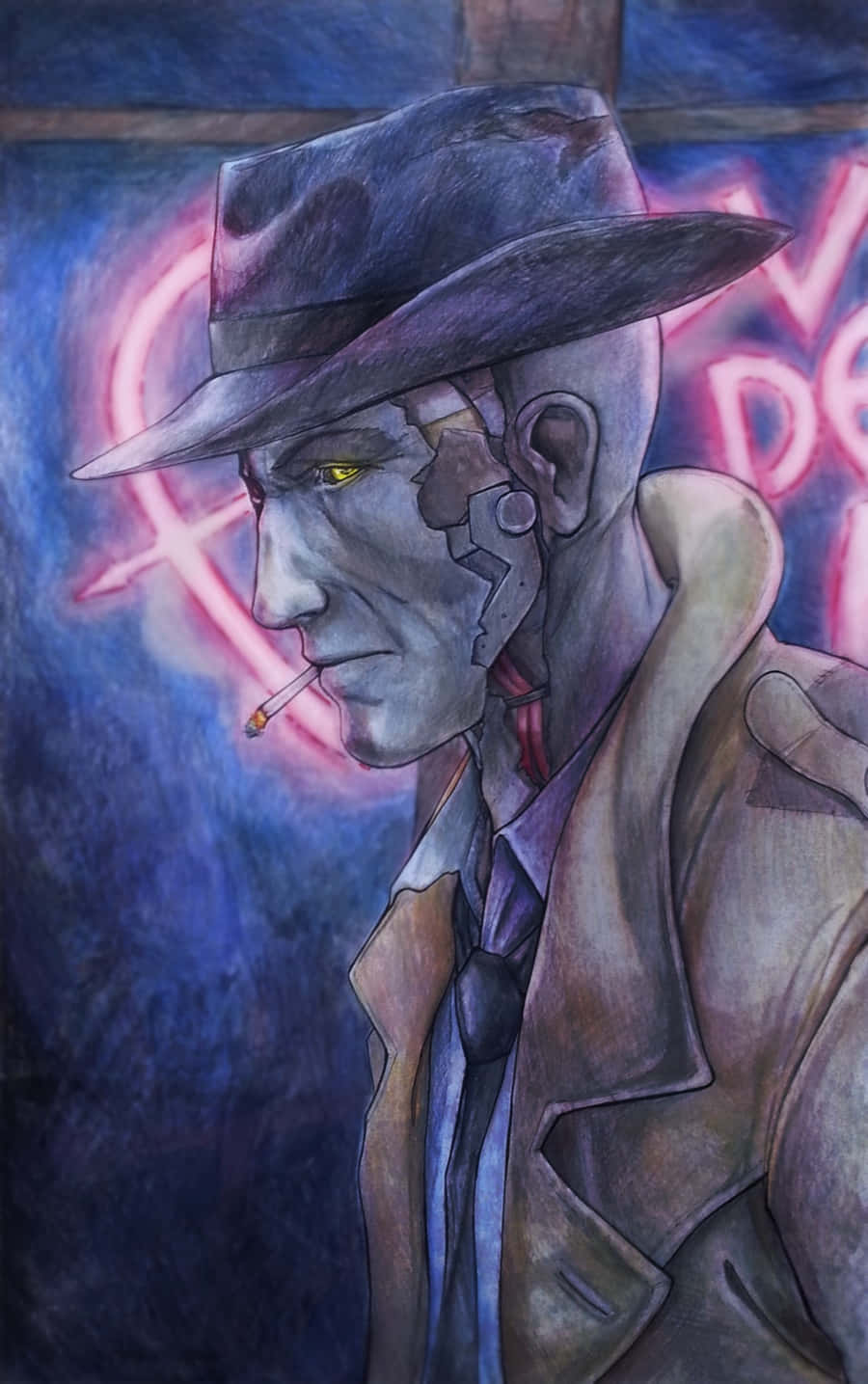 Nick Valentine 桌布 壁紙 — 一位戴著 fedora 帽的賽博朋克偵探，在發光的霓虹燈招牌背景下抽煙。