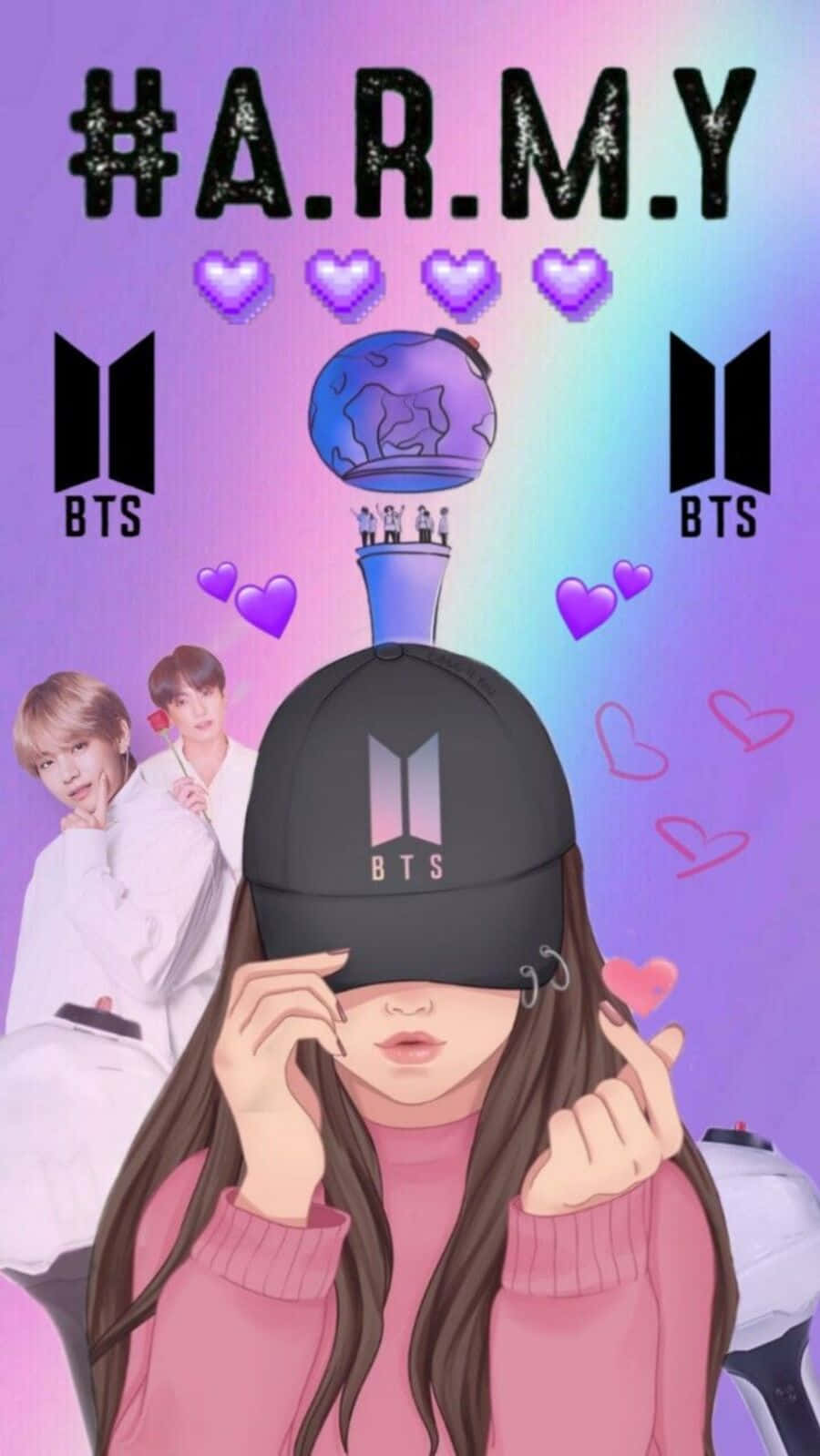 Bts Army Bomb 桌布 壁紙 — 一位戴著BTS帽子的粉絲在充滿活力的紫色漸變背景上做出心形手勢，背景中漂浮著心形和BTS標誌。