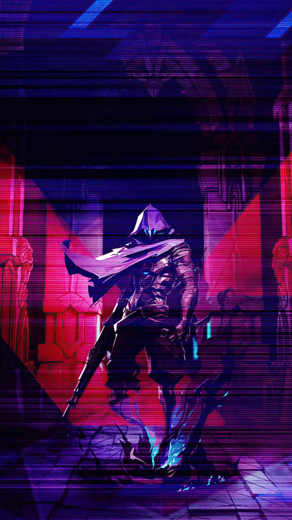Cool Gaming 桌布 壁紙 — 一位戴著兜帽、披著斗篷的戰士站在一條充滿霓虹燈、帶有故障效果和紅藍燈光的未來主義走廊中。