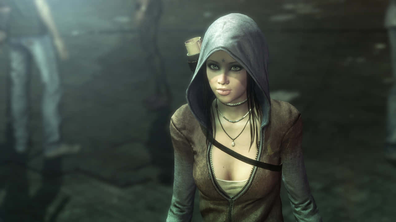 Devil May Cry Characters 桌布 壁紙 — 一位戴著兜帽、眼睛深邃、頭髮上插著羽毛筆的女性，在昏暗骯髒的地下環境中專注地凝視。