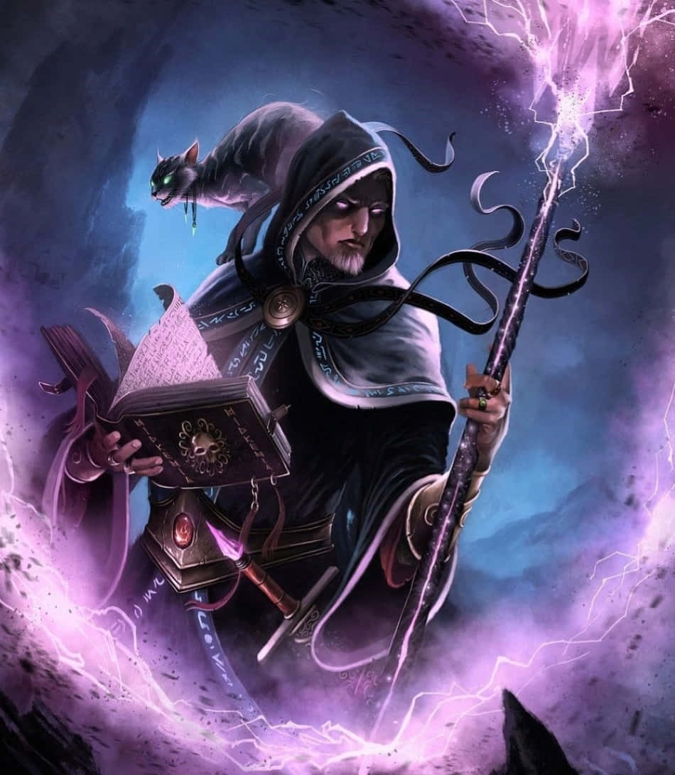 Dark Magic 桌布 壁紙 — 一位戴著兜帽、眼睛發光的巫師從他的法杖中引導紫色閃電，一隻黑貓棲息在他的肩膀上，周圍環繞著旋轉的魔法能量。
