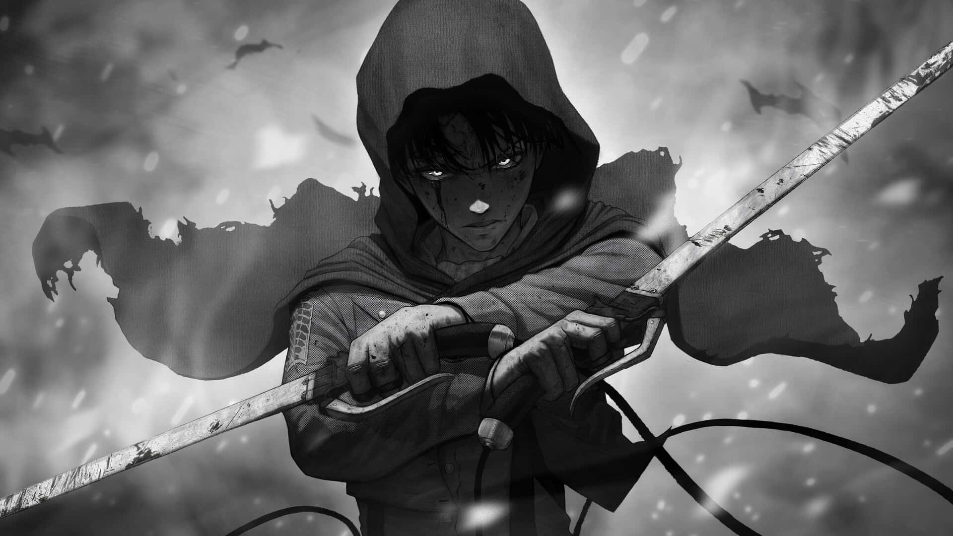 Levi Ackerman Desktop 桌布 壁紙 — 一位戴著兜帽的動漫戰士在飄雪中緊握劍，蝙蝠在暴風雨的天空中飛翔。