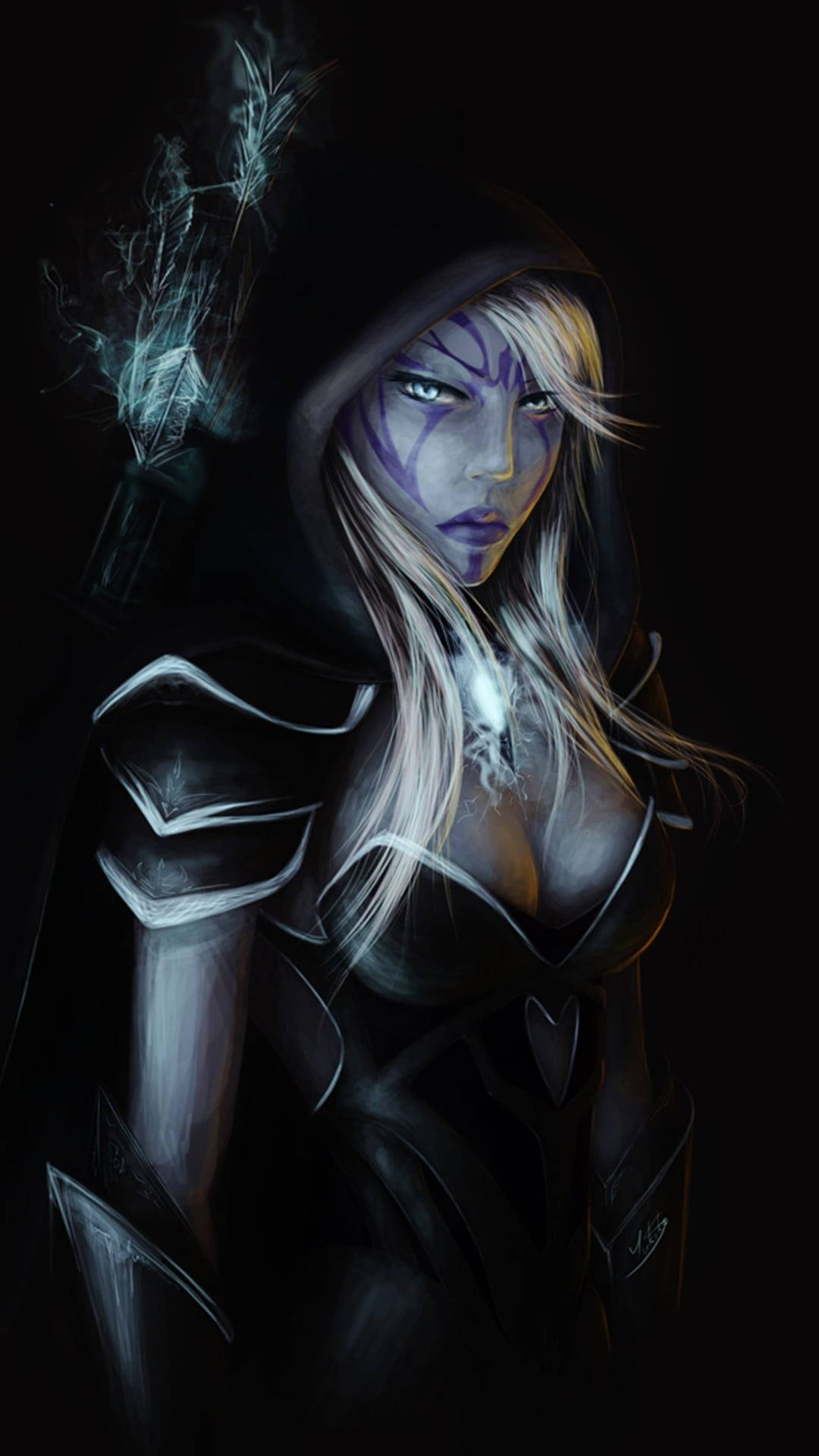 dota 2 iPhone 桌布 壁紙 — 一位戴著兜帽的女戰士，眼睛發光，臉上塗著紫色顏料，站在陰影中，她的盔甲在昏暗的光線下閃閃發光。
