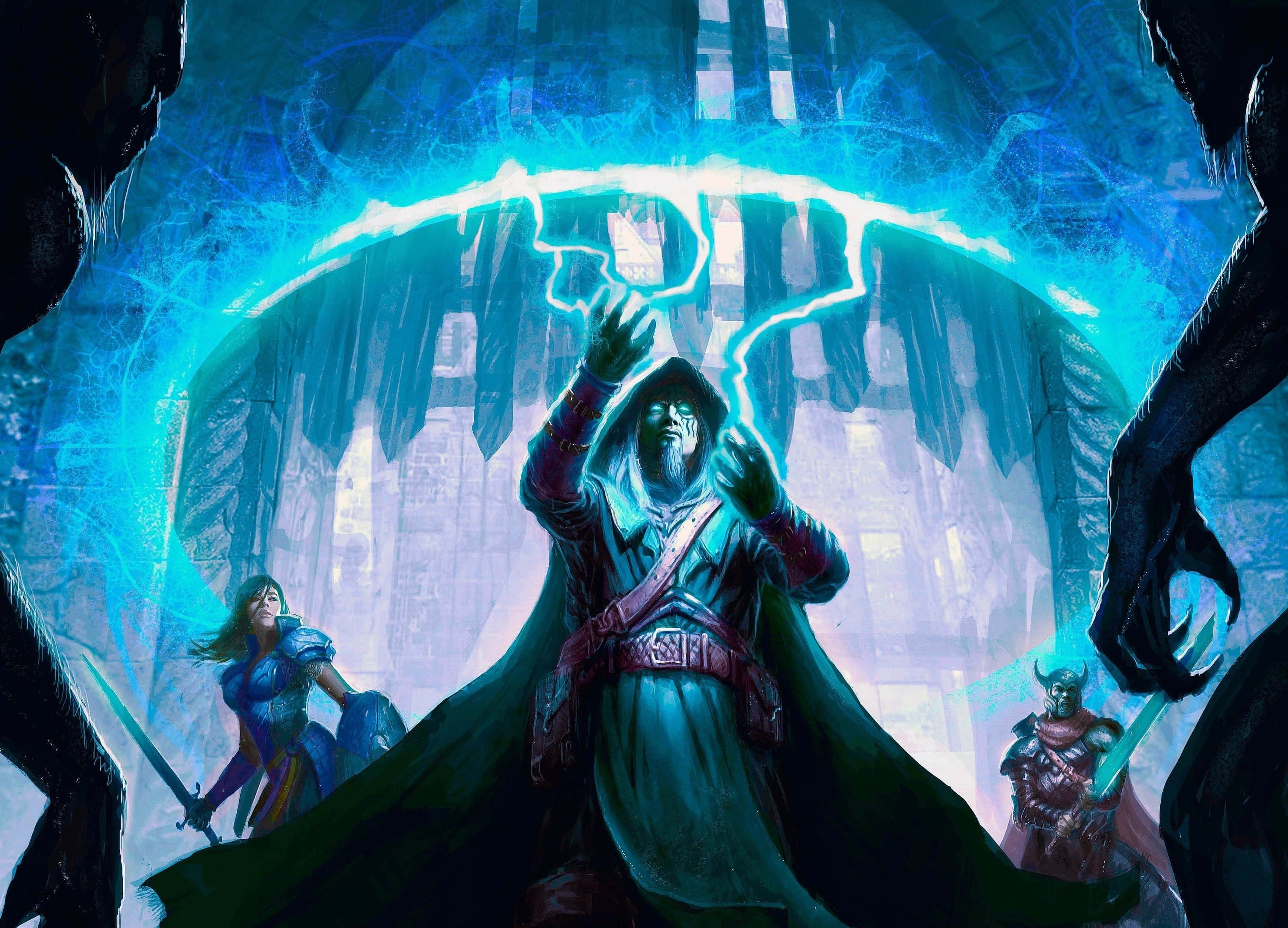 Sorcerer 桌布 壁紙 — 一位戴著兜帽的巫師在洞穴般的廢墟中引導發光的藍色閃電，戰士們準備就緒站在他身旁。