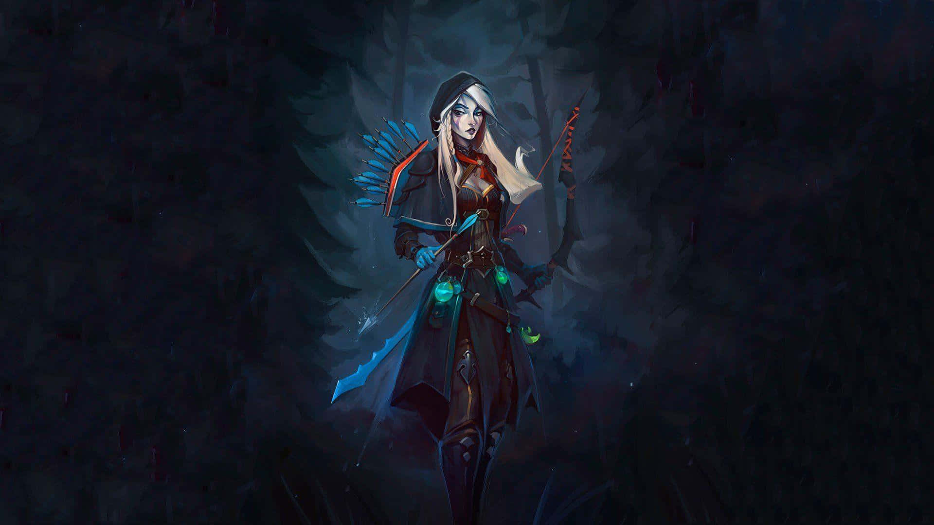 Drow Ranger 桌布 壁紙 — 一位戴著兜帽的弓箭手，手持發光的藍色箭矢，在神秘光芒照耀的黑暗森林中蓄勢待發。