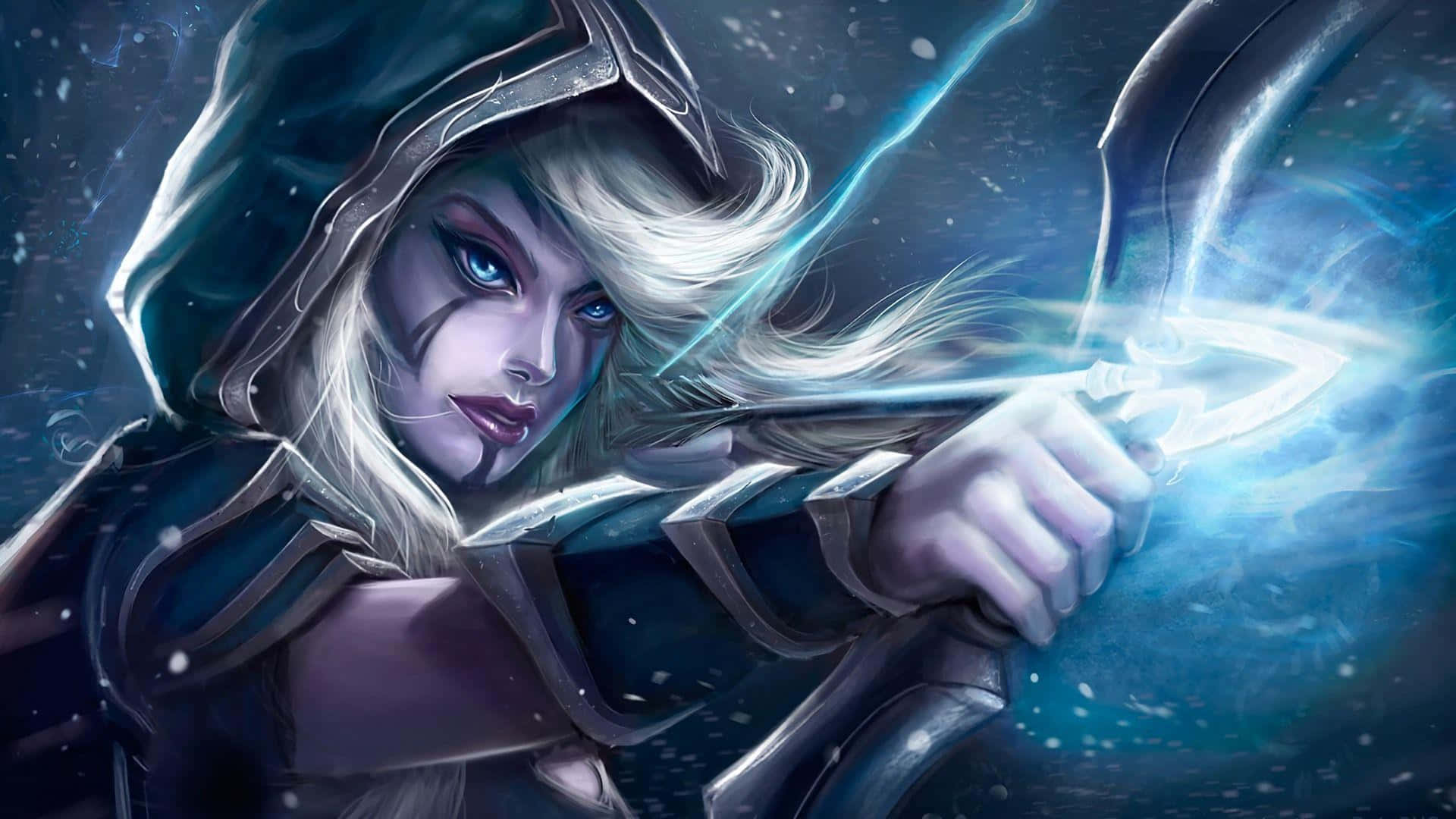 Drow Ranger 桌布 壁紙 — 一位戴著兜帽的弓箭手，擁有發光的藍色眼睛和白髮，在雪夜的天空中拉開一把閃耀的弓。