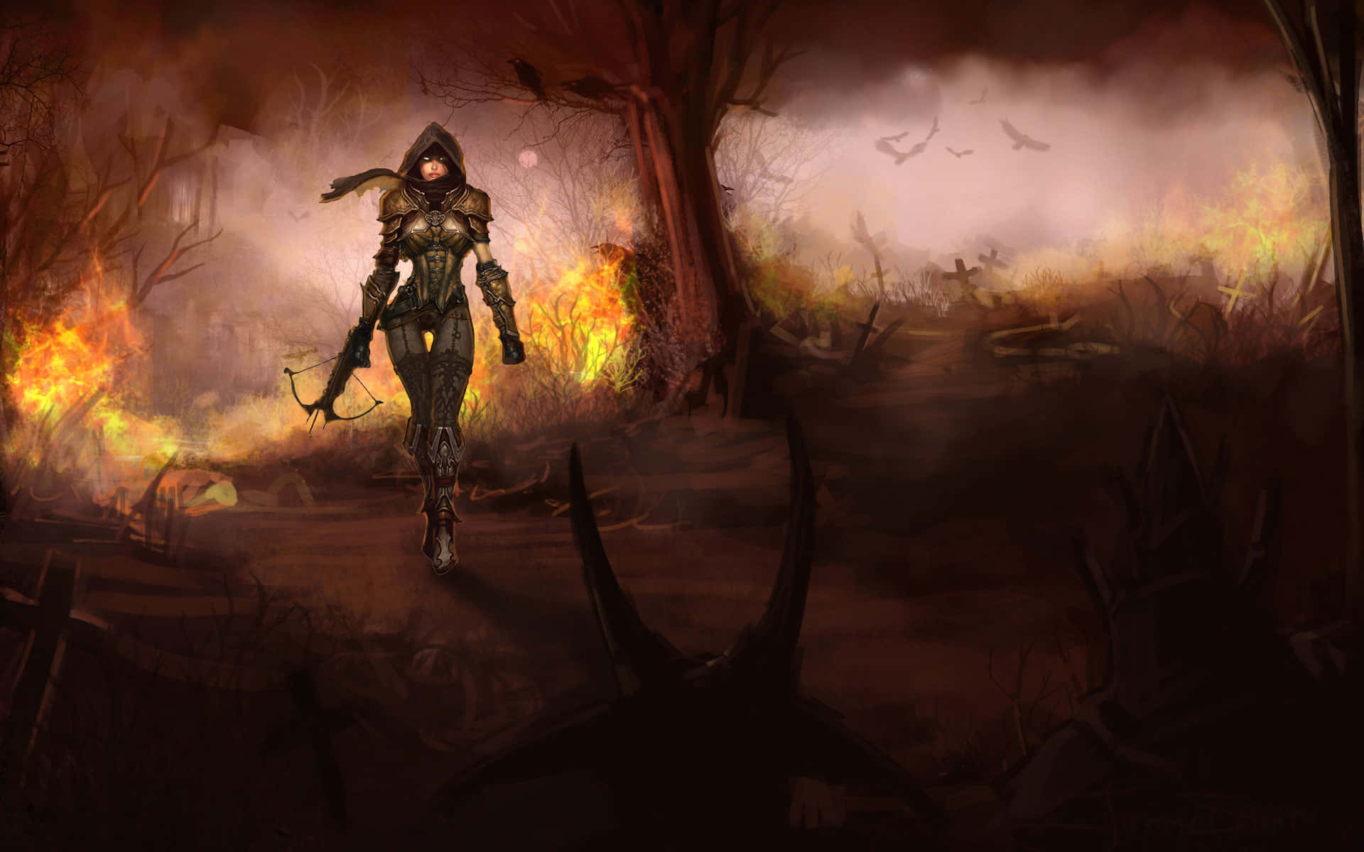 Demon Hunting 桌布 壁紙 — 一位戴著兜帽的戰士在暮色天空下，穿過一片燃燒著樹木、煙霧瀰漫的荒涼火海戰場。