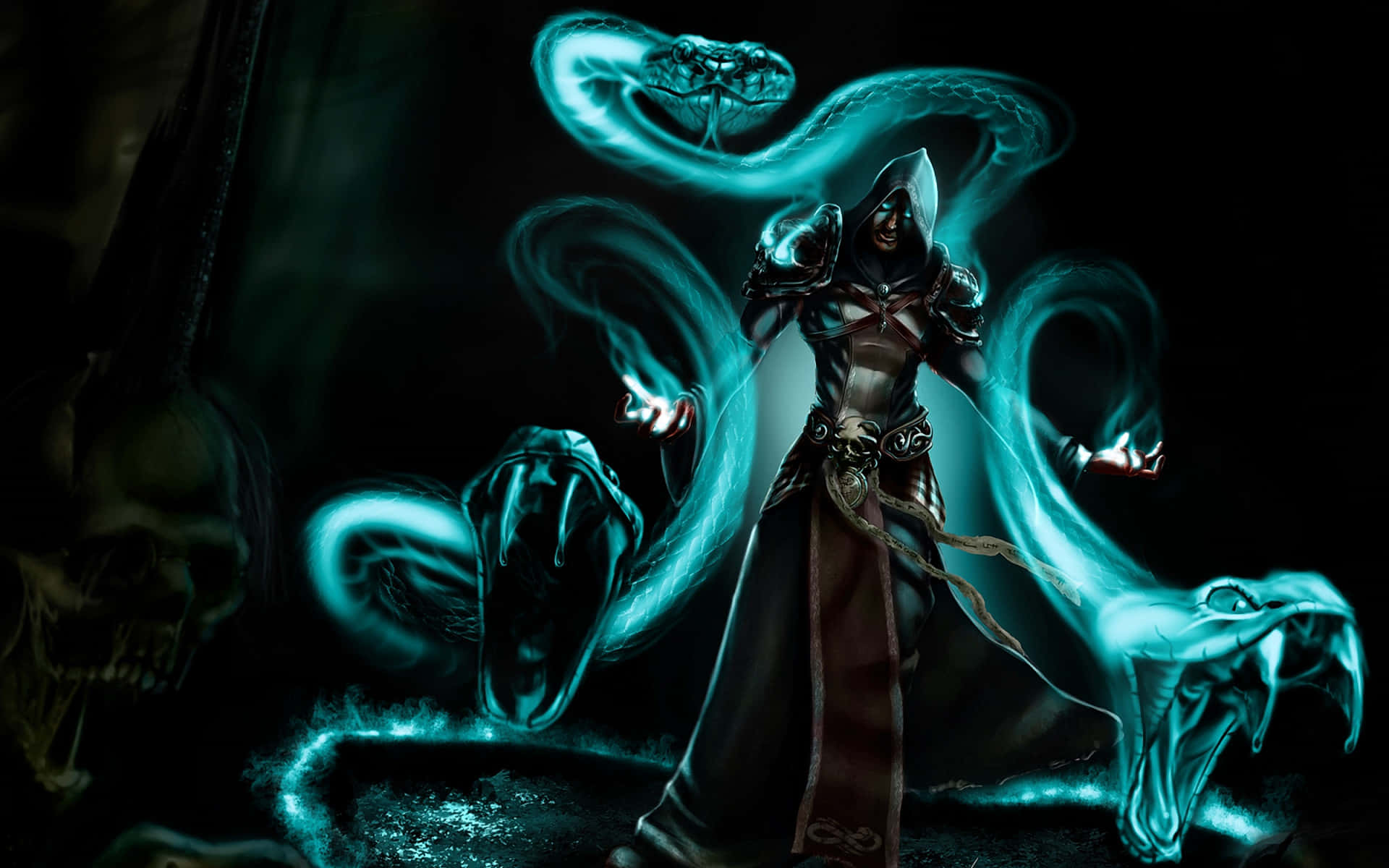 Skyrim Mage 桌布 壁紙 — 一位戴著兜帽的黑暗法師在一個陰暗、佈滿頭骨的房間中揮舞著發光的青色幽靈蛇。