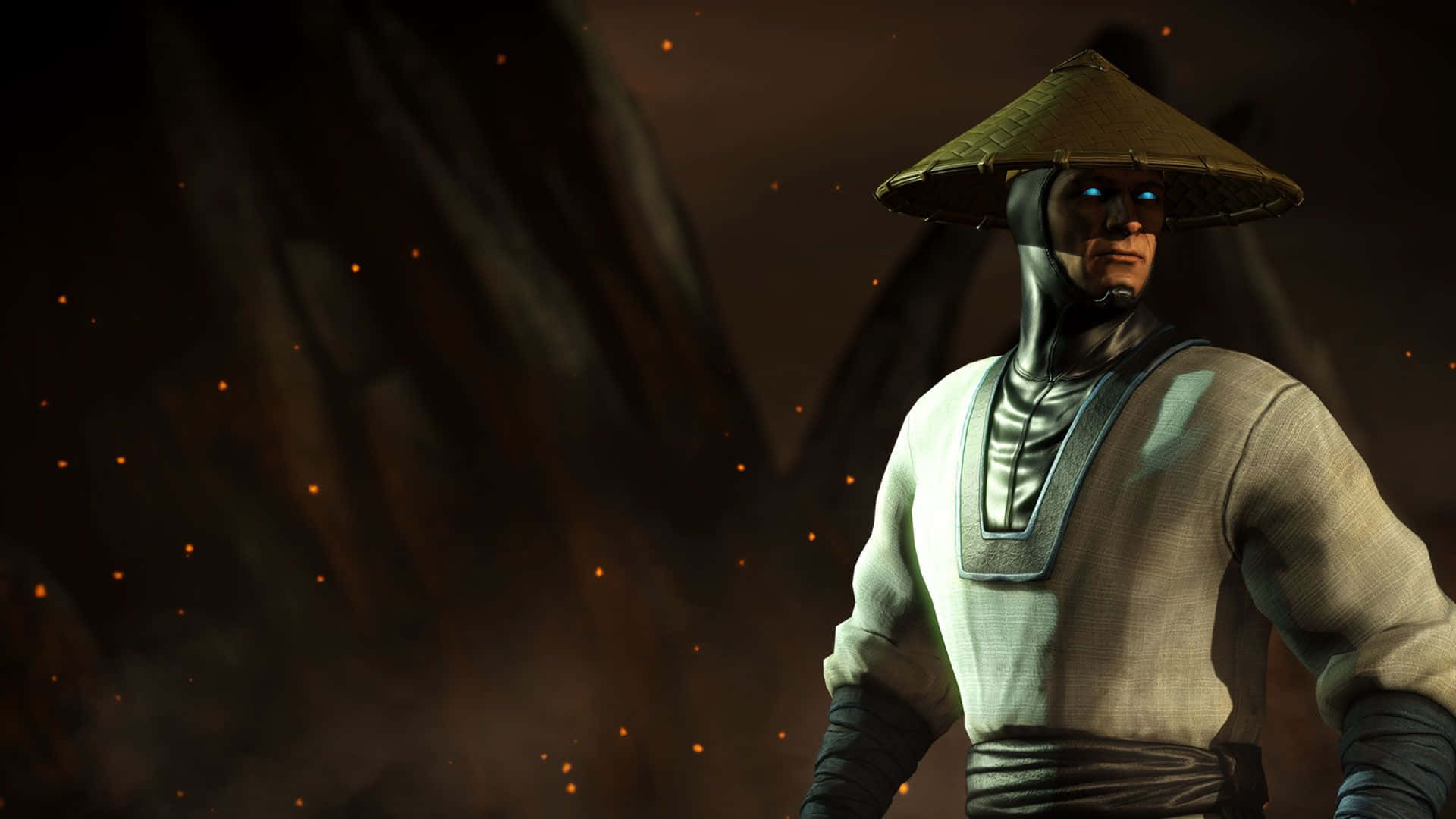 Mortal Kombat Raiden 桌布 壁紙 — 一位戴著圓錐形帽子和白色長袍的武術家站在黑暗、煙霧彌漫的環境中，周圍漂浮著發光的餘燼。