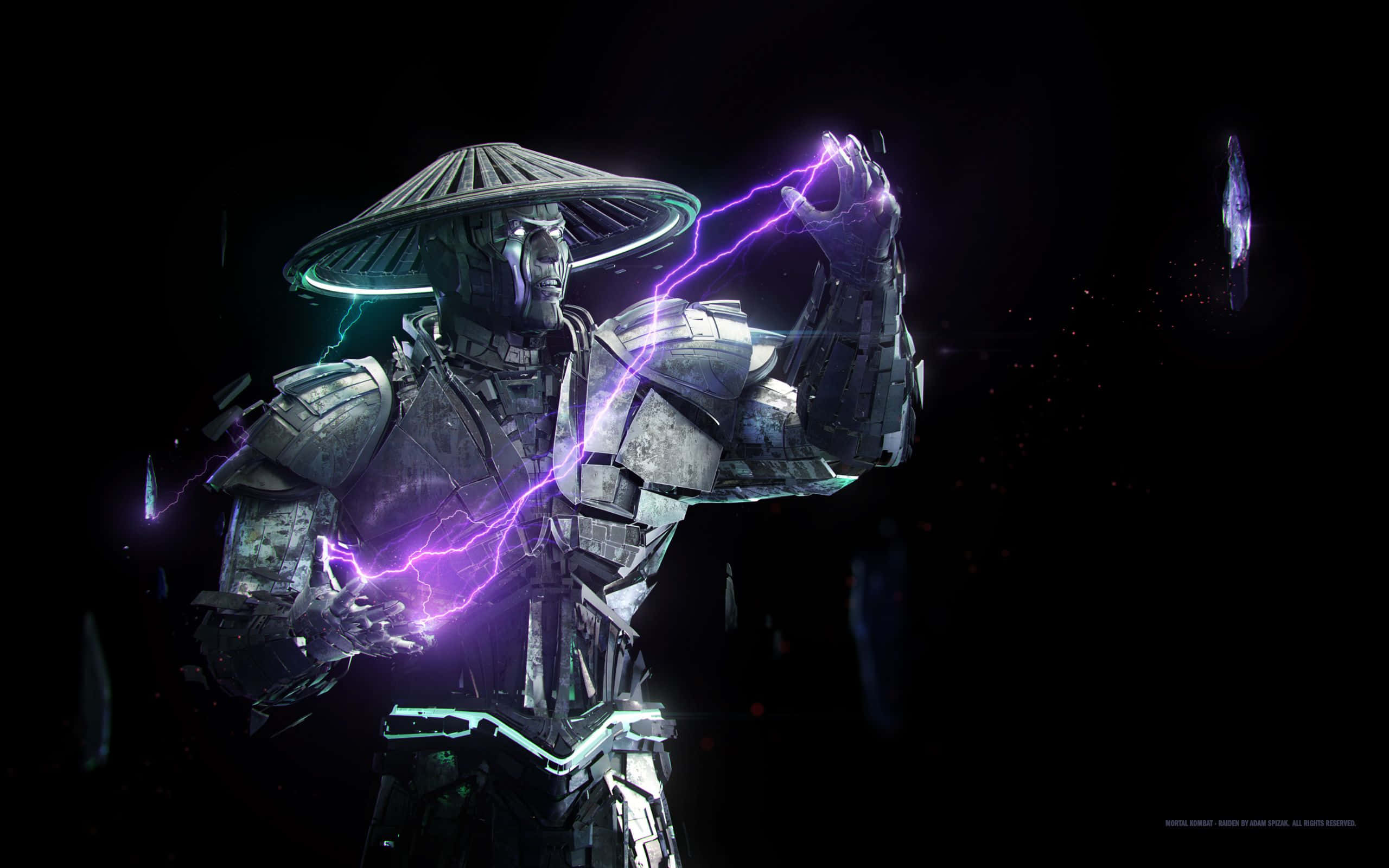 Mortal Kombat Raiden 桌布 壁紙 — 一位戴著圓錐形帽子的網絡戰士，在黑暗虛空中引導紫色閃電，伴隨著發光粒子。