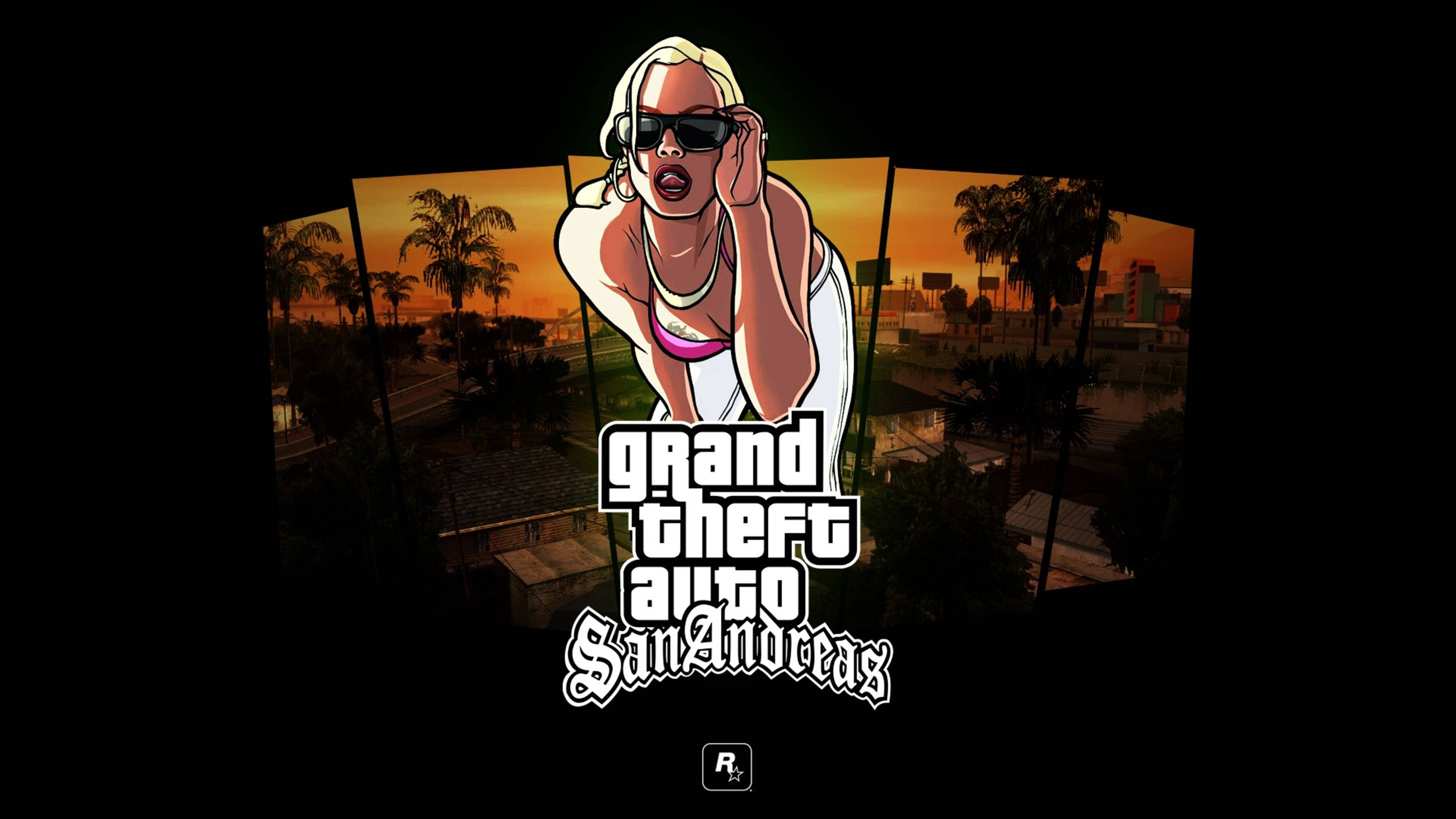 Gta 桌布 壁紙 — 一位戴著太陽眼鏡、身穿白色背心的時尚金髮女性，在棕櫚樹和城市景觀的日落背景下向前傾身，帶有「Grand Theft Auto San Andreas」標誌。