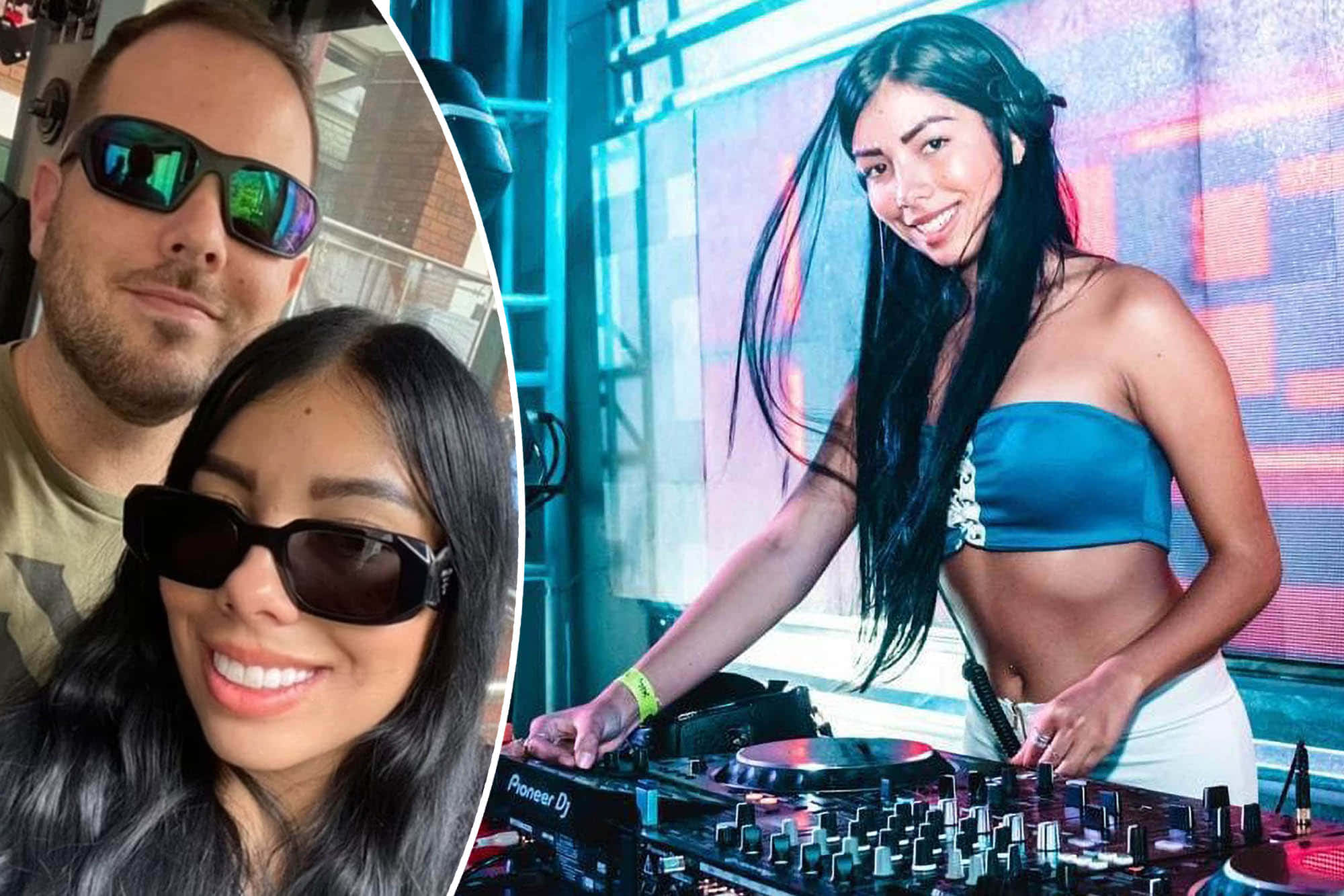 DJ 桌布 壁紙 — 一位戴著太陽眼鏡的微笑女性在散發藍色光芒的DJ台旁，以充滿活力的數位背景擺姿勢。