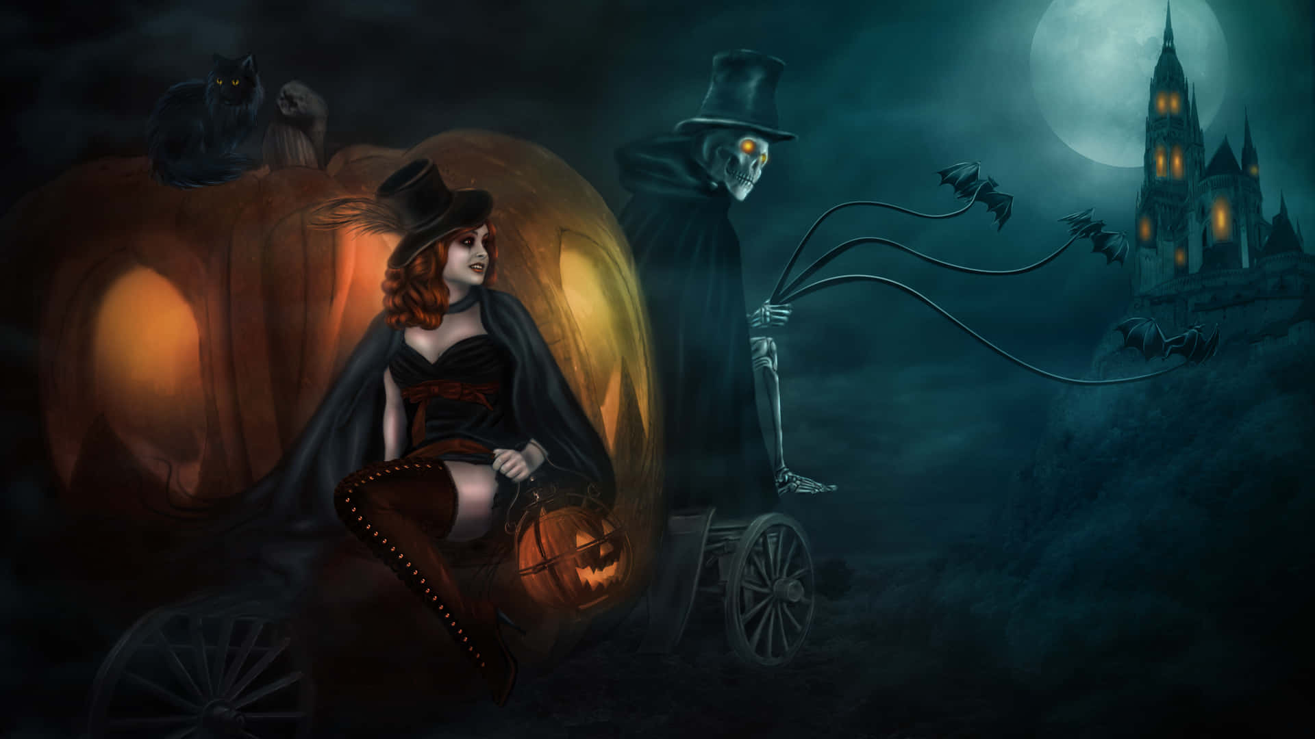 Halloween Skeleton 桌布 壁紙 — 一位戴著女巫帽的女人坐在南瓜馬車裡，由骷髏車夫拉著，在滿月下靠近鬼城堡。