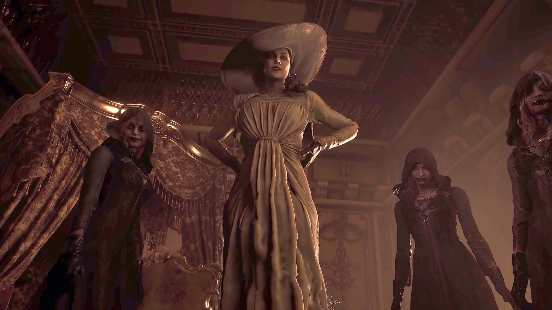 Resident Evil Village 桌布 壁紙 — 一位戴著寬邊帽、令人毛骨悚然的優雅女士，在破敗的豪華大宅中，威嚴地站在三個幽靈般的身影之間。