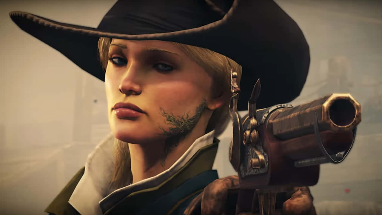 Greedfall 桌布 壁紙 — 一位戴著寬邊帽的堅定女性，臉頰上有花卉紋身，手持華麗手槍，背景模糊。