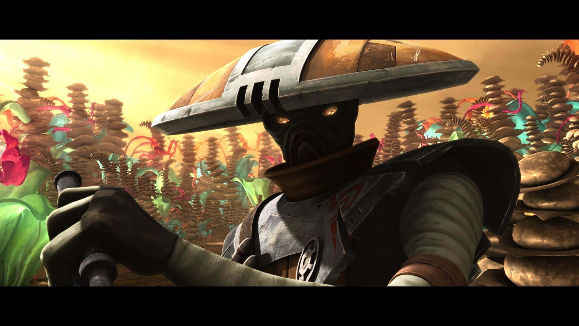 The War Of The Bounty Hunters 桌布 壁紙 — 一位戴著寬邊頭盔的蒙面戰士，在金色天空下的外星植物中緊握武器。