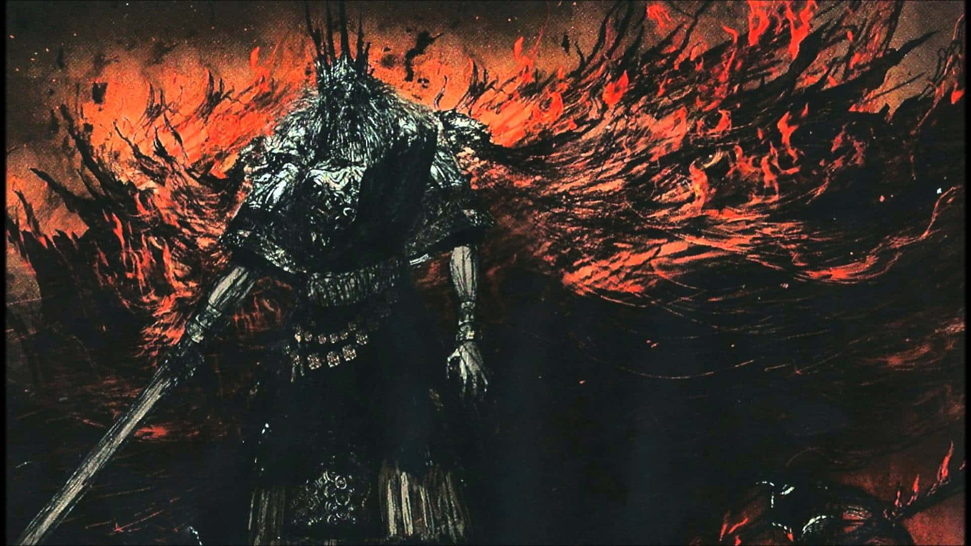 Dark Souls Gwyn 桌布 壁紙 — 一位戴著尖刺王冠的高大裝甲戰士，在旋轉的深紅色火焰和黑煙背景下挑釁地站立。