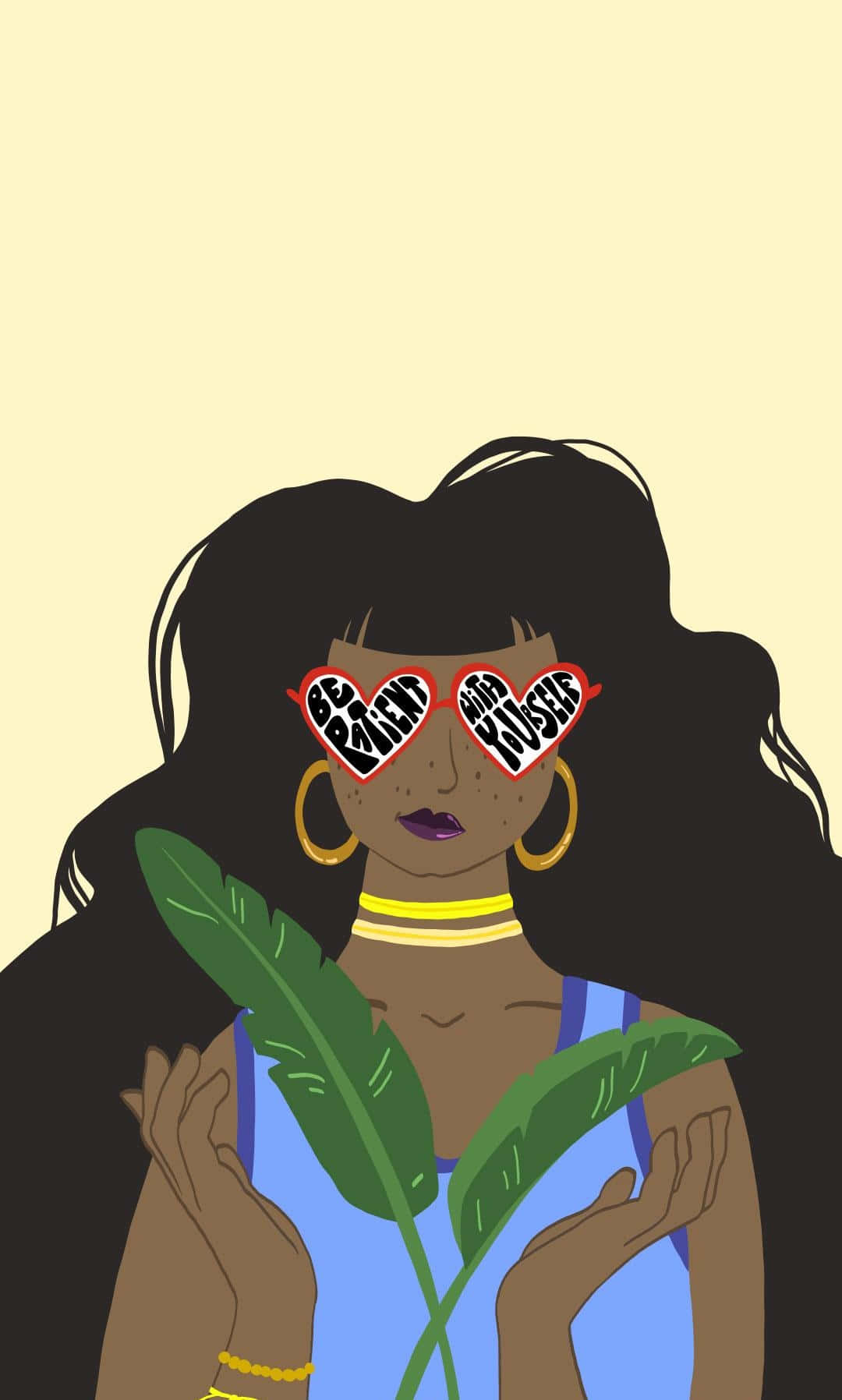 Self Care 桌布 壁紙 — 一位戴著心形太陽眼鏡的時尚女性，在淡黃色背景上手持綠色葉子。