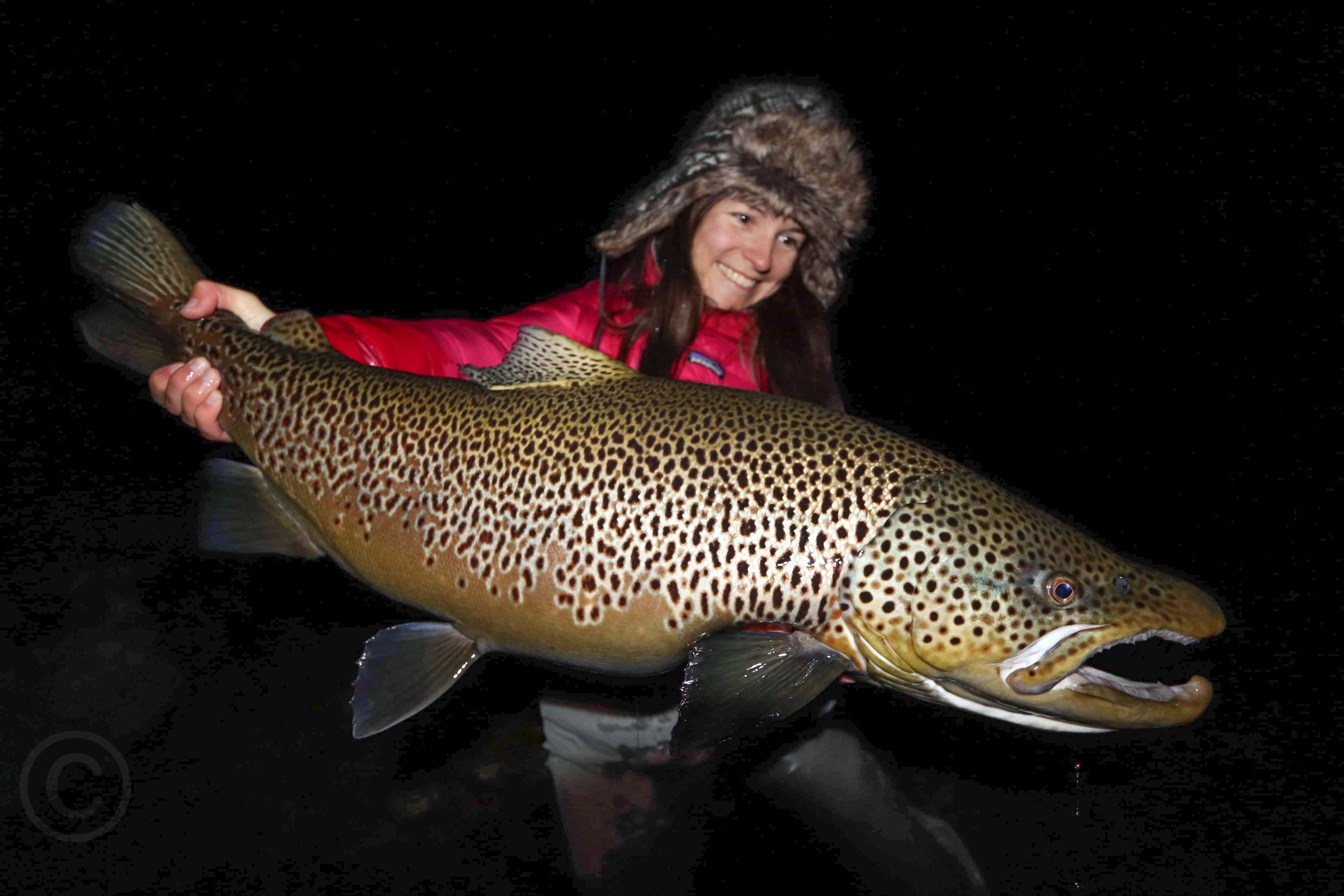 Brown Trout 桌布 壁紙 — 一位戴著毛帽、面帶微笑的釣魚人，在黑暗反光的水面背景下，自豪地舉起一條巨大的斑點褐鱒。