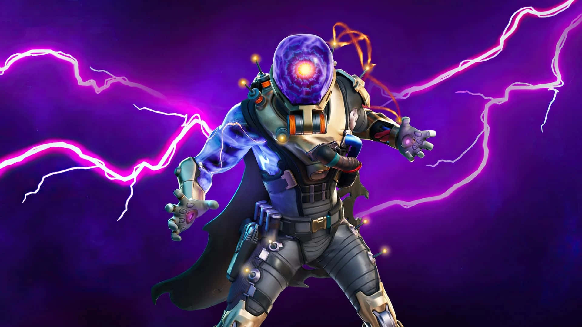 Fortnite Chapter 3 桌布 壁紙 — 一位戴著發光紫色頭盔的未來戰士，在充滿活力的紫色閃電中引導電能。