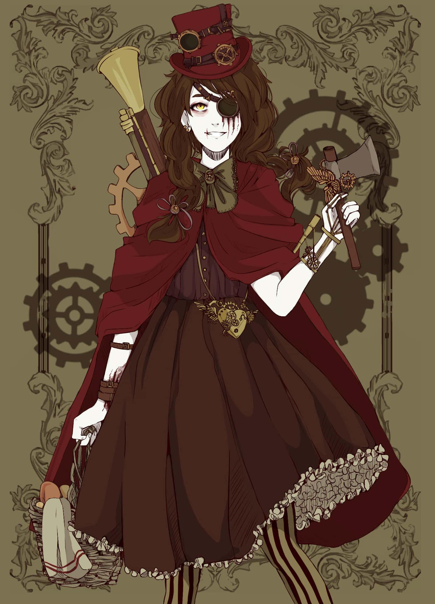 Dark Tales 桌布 壁紙 — 一位戴著眼罩和高帽的蒸氣龐克女孩，在齒輪裝飾的背景前揮舞著大砲和斧頭。