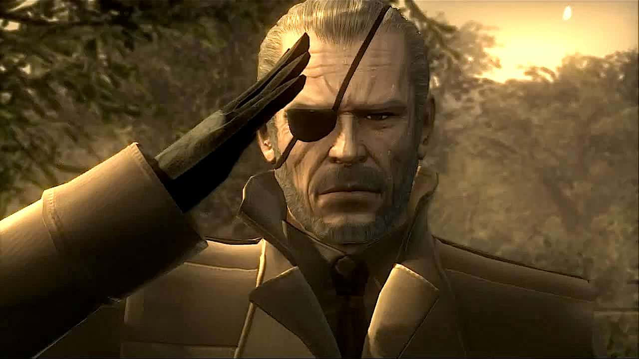 Metal Gear Solid Characters 桌布 壁紙 — 一位戴著眼罩的灰白髮退伍軍人，在朦朧的日落背景下莊嚴地敬禮。