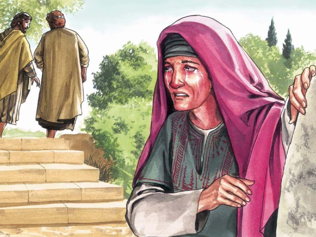 Mary Magdalene 桌布 壁紙 — 一位戴著粉紅色面紗的悲傷女子緊握著一塊石頭，而兩名身穿長袍的男子在陽光明媚的綠色景觀中登上石階。