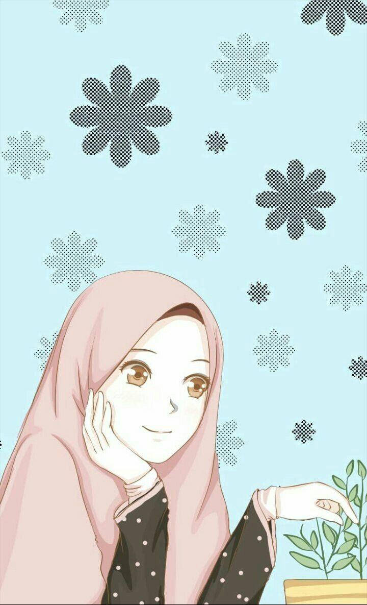 hijab cartoon 桌布 壁紙 — 一位戴著粉紅色頭巾的微笑動漫女孩，在淺藍色背景上帶有半色調花朵的環境中，輕輕觸摸盆栽植物。