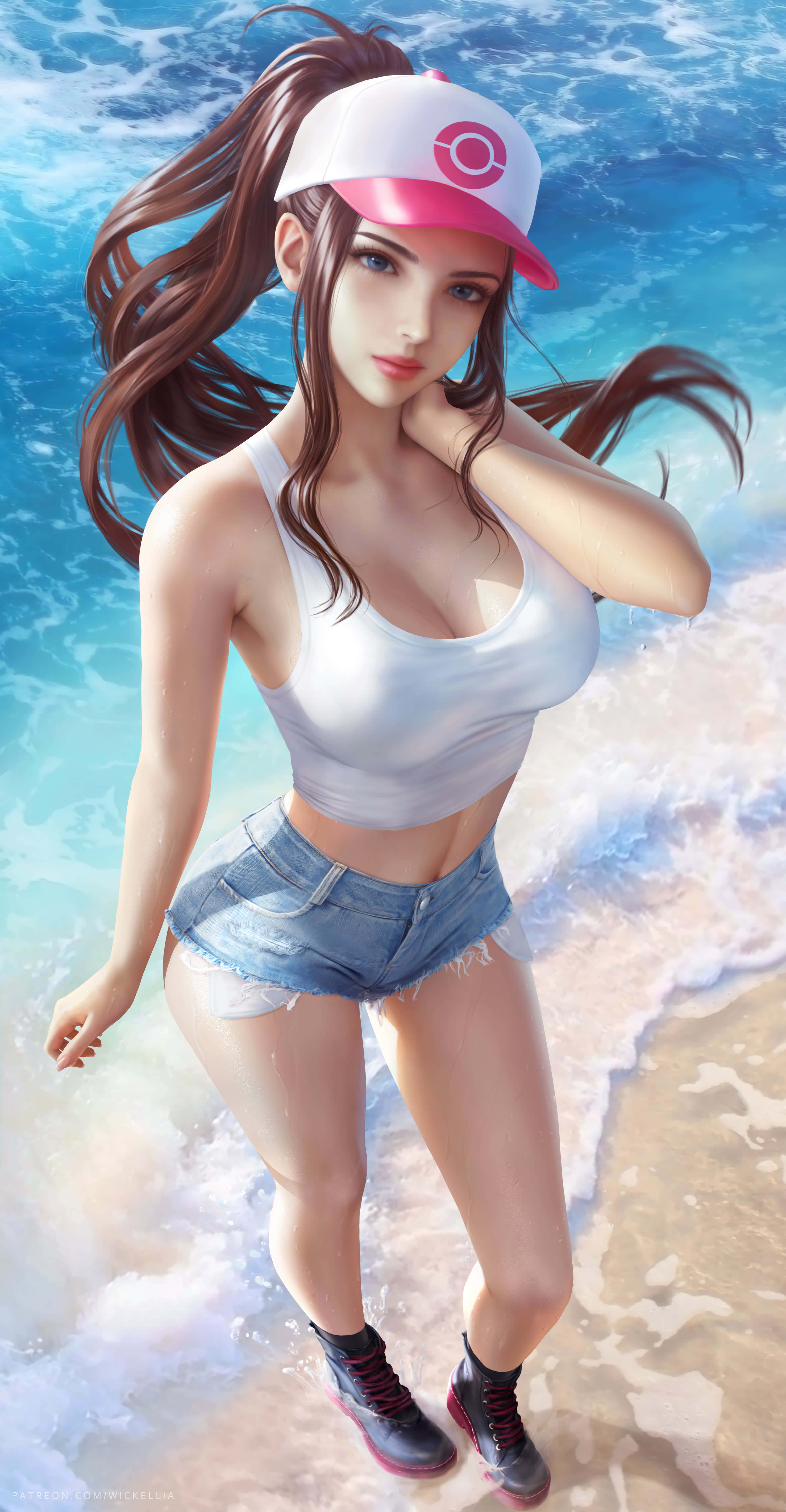 Beach Games 桌布 壁紙 — 一位戴著精靈球帽和牛仔短褲的年輕女子自信地站在海邊，海浪在她周圍拍打。