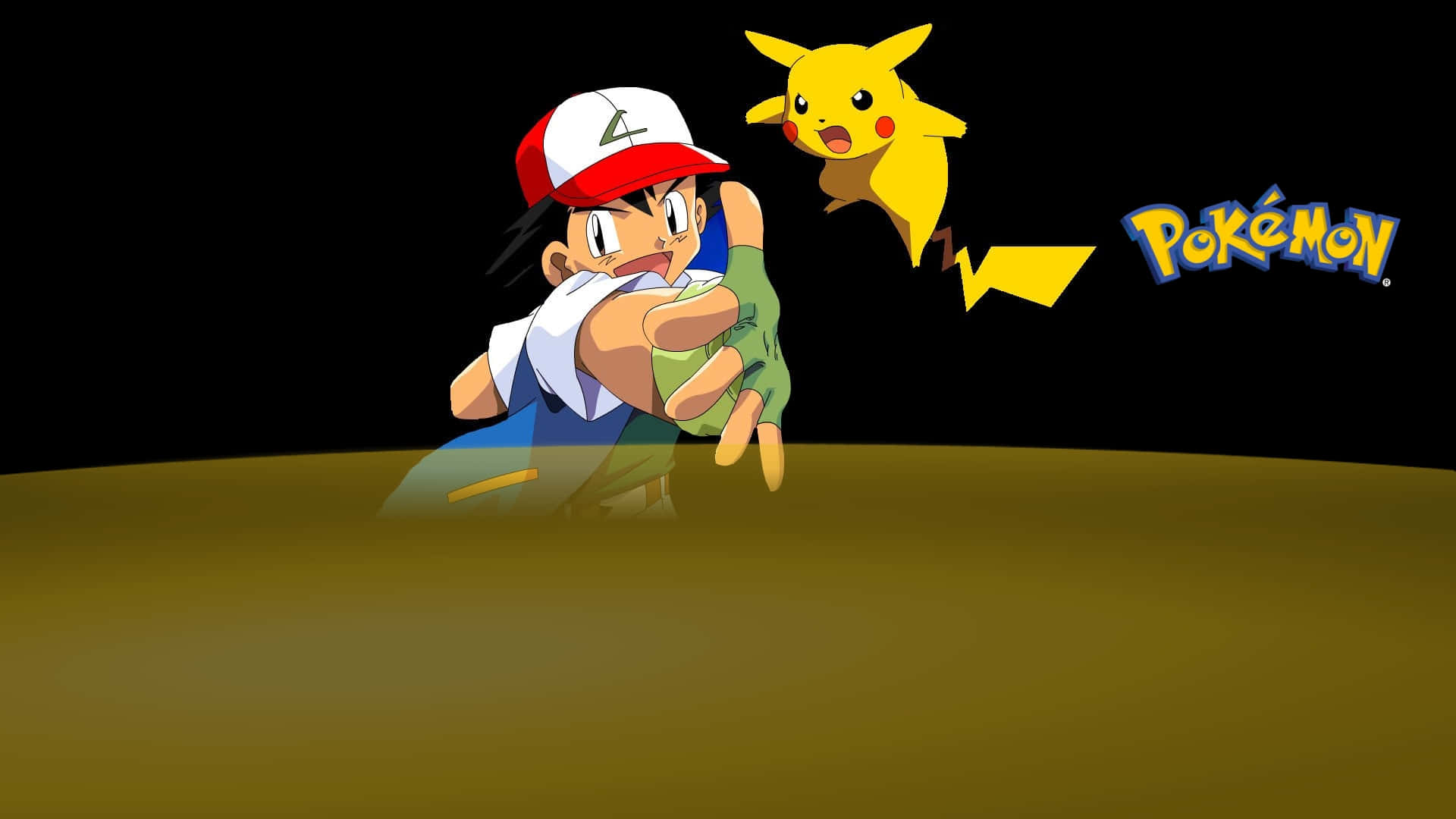 Ash And Pikachu 桌布 壁紙 — 一位戴著紅白帽子的年輕訓練家抱著一隻綠色寶可夢，旁邊的比卡超在黑色背景前放電。
