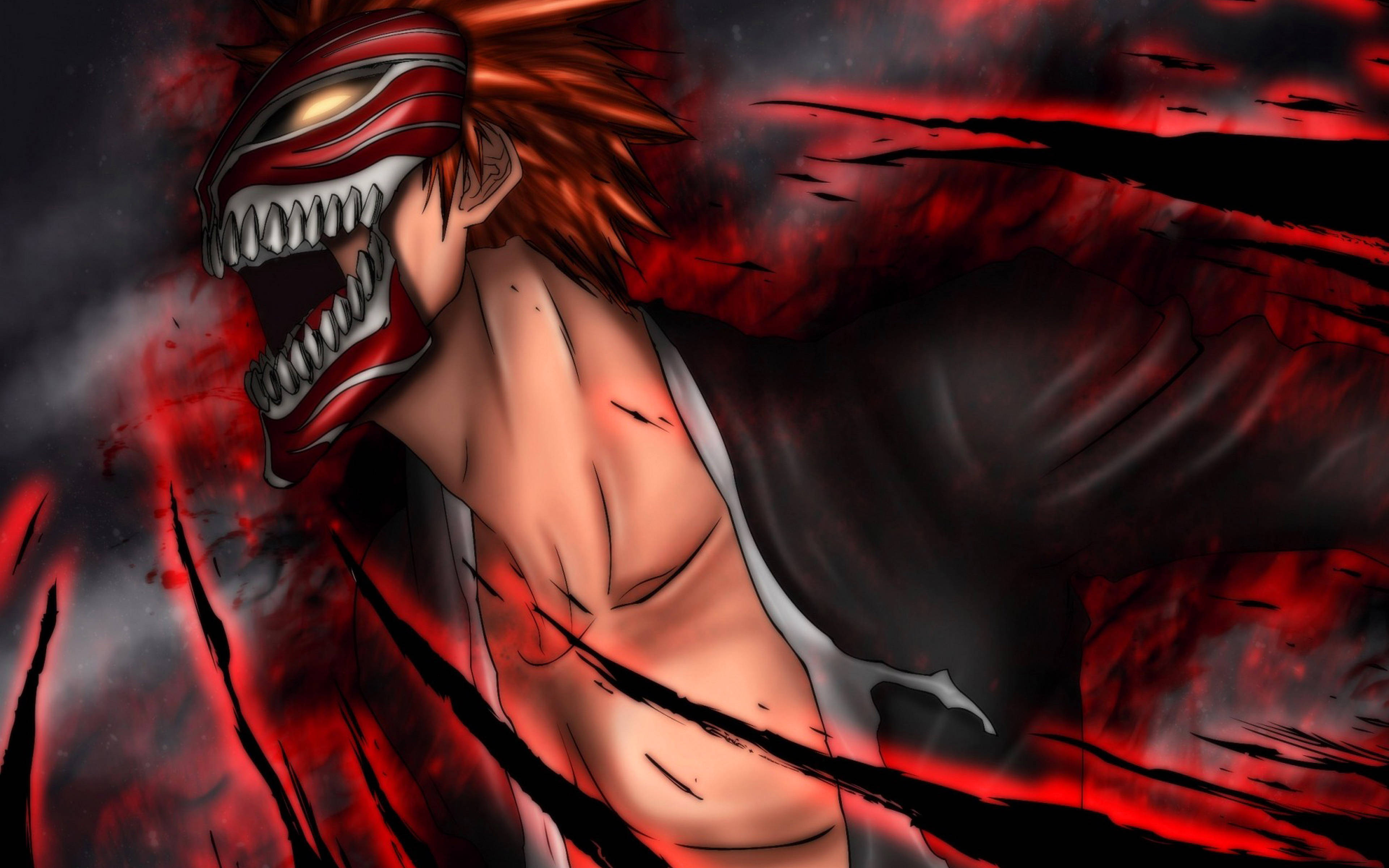 Bleach Anime 桌布 壁紙 — 一位戴著紅白面具的動漫戰士，在熾熱的紅黑背景前咆哮。