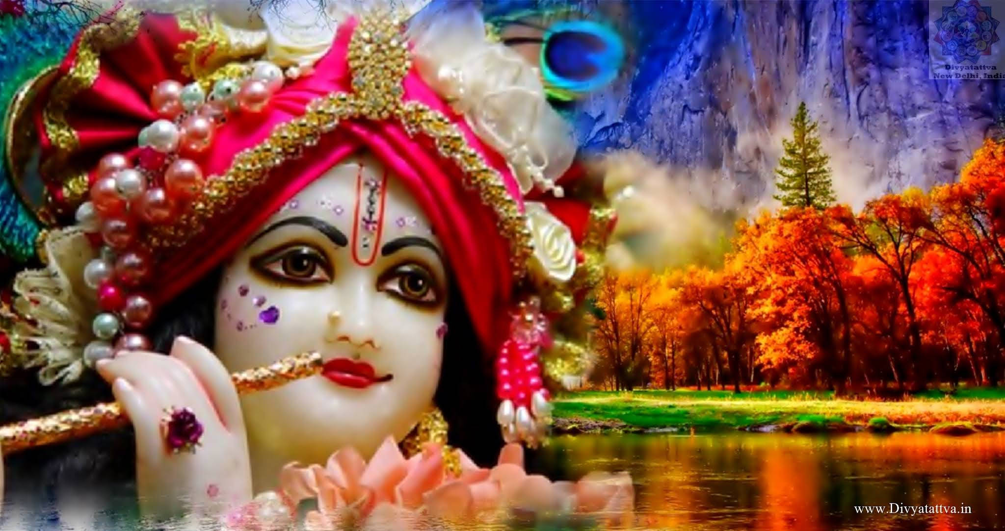 Bal Krishna 桌布 壁紙 — 一位戴著紅色頭巾、手持長笛的神聖人物從水中浮現，背景是充滿活力的秋林和瀑布。