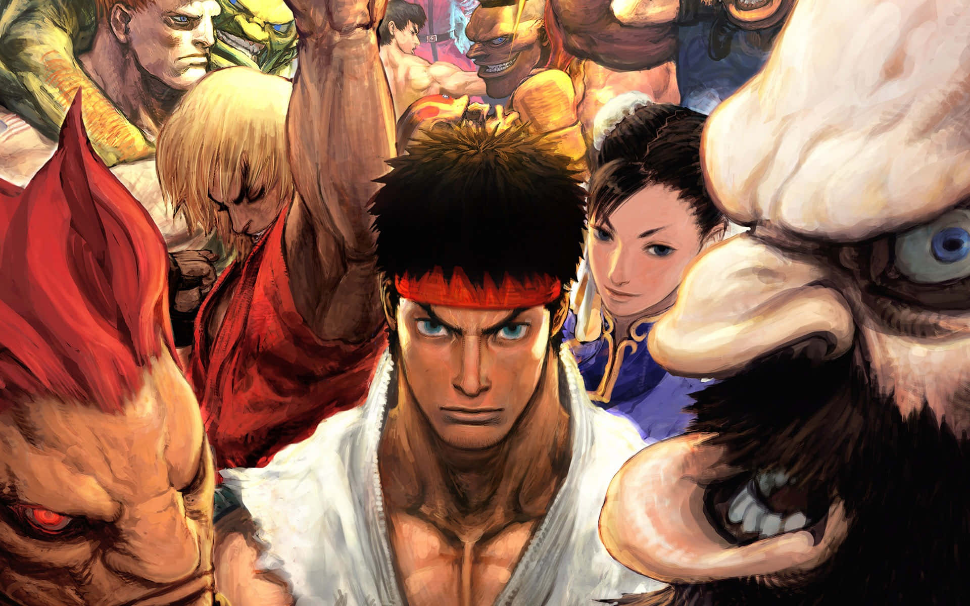 Street Fighter Characters 桌布 壁紙 — 一位戴著紅色頭帶的兇猛武術家站在舞台中央，被各種戰士包圍，構成一個動態的動漫戰鬥場景。