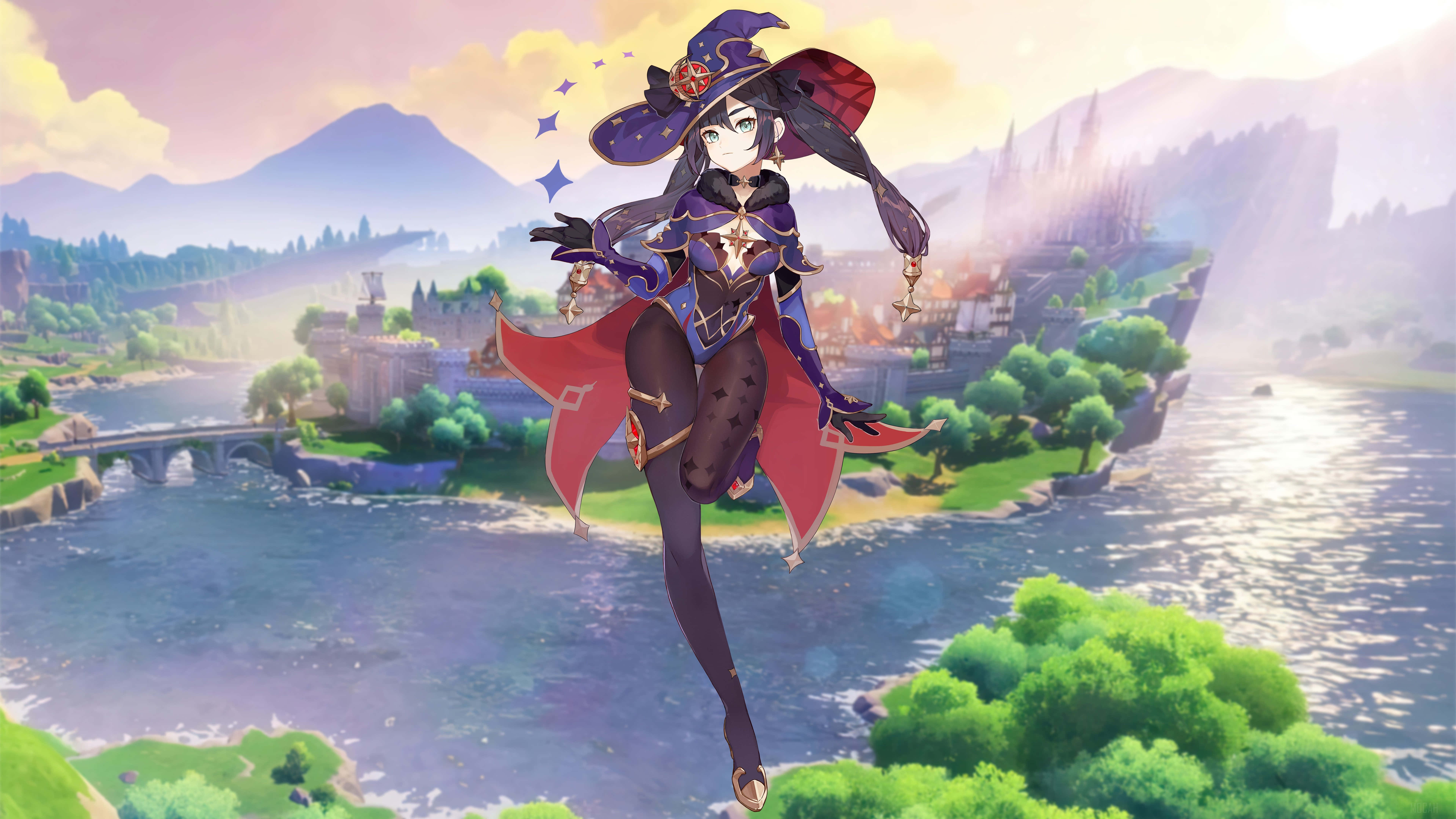 Genshin Impact Mona 桌布 壁紙 — 一位戴著紫色帽子和紅色斗篷的巫師漂浮在河流上方，背景有山脈和城堡。