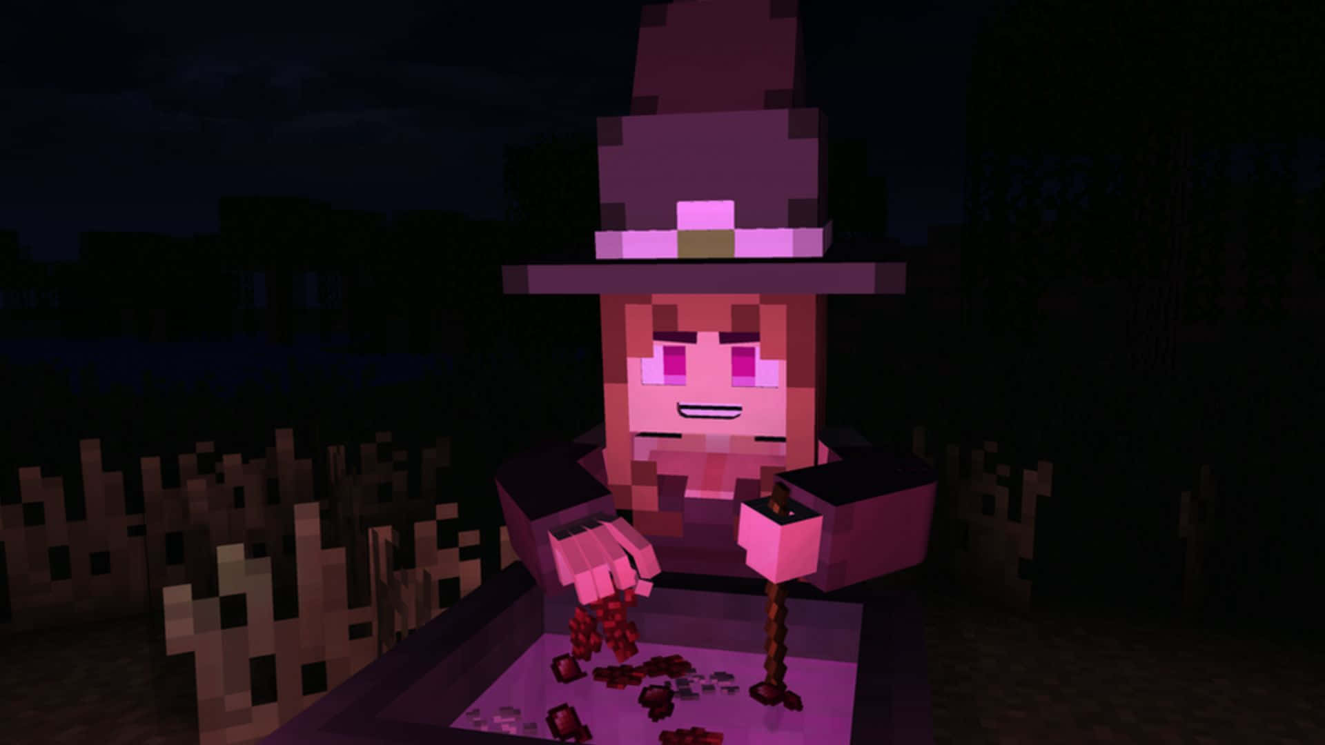 Minecraft Witch 桌布 壁紙 — 一位戴著紫色帽子的像素女巫在黑暗的夜空下微笑著調製藥水。