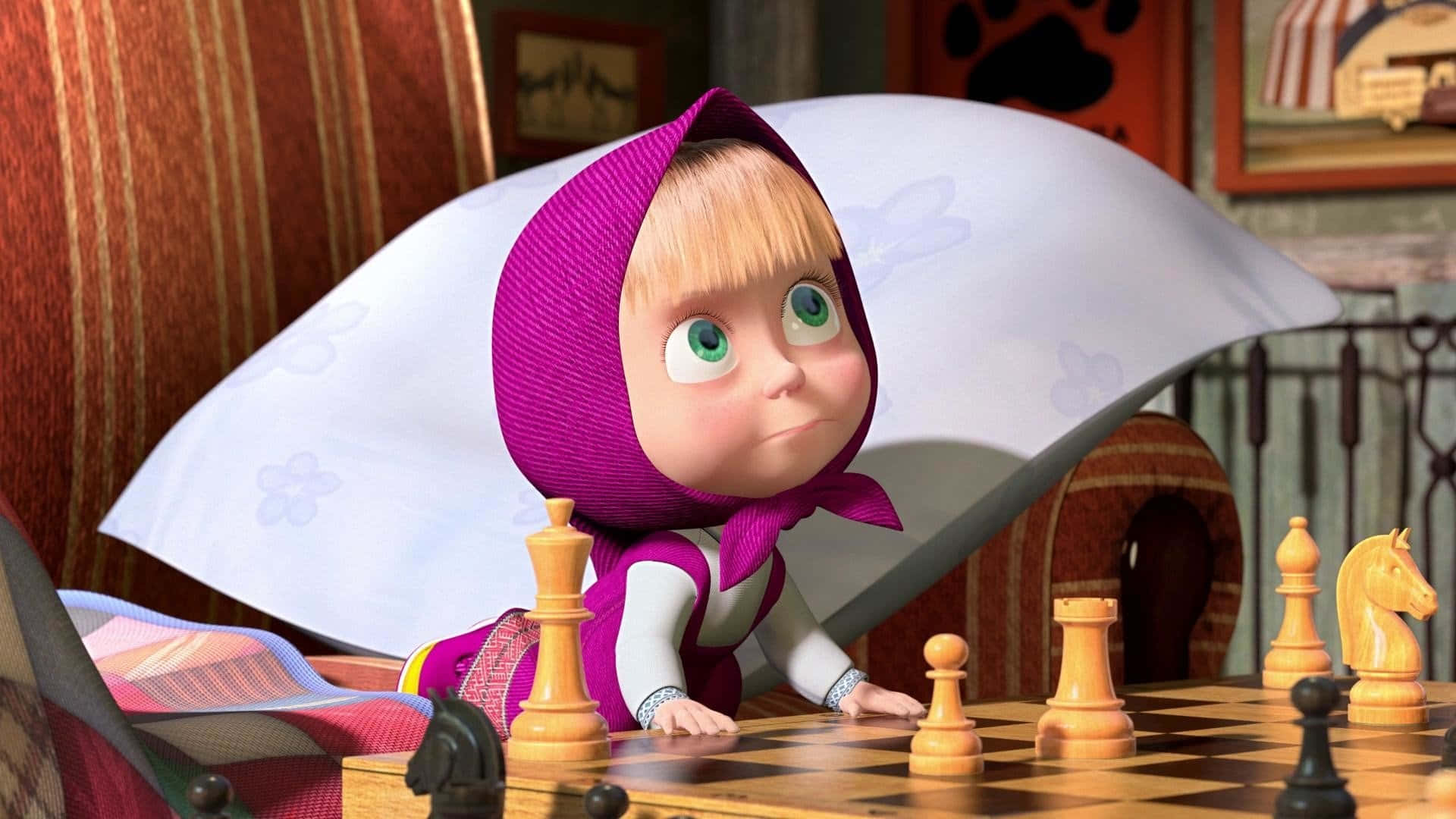 Masha And The Bear 桌布 壁紙 — 一位戴著紫色連帽衫的年輕動畫女孩在室內棋盤上用木製棋子下棋。
