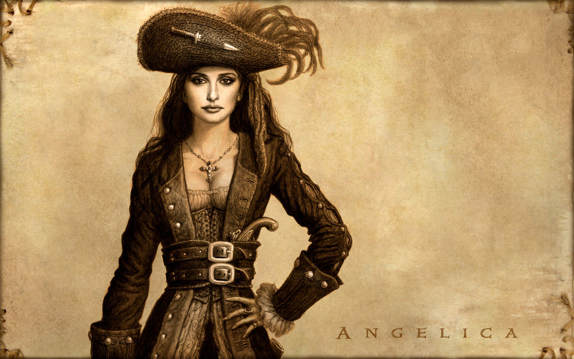 Pirates Of The Caribbean 桌布 壁紙 — 一位戴著羽毛帽和皮外套的兇猛女海盜，自信地站在有紋理的羊皮紙背景前。